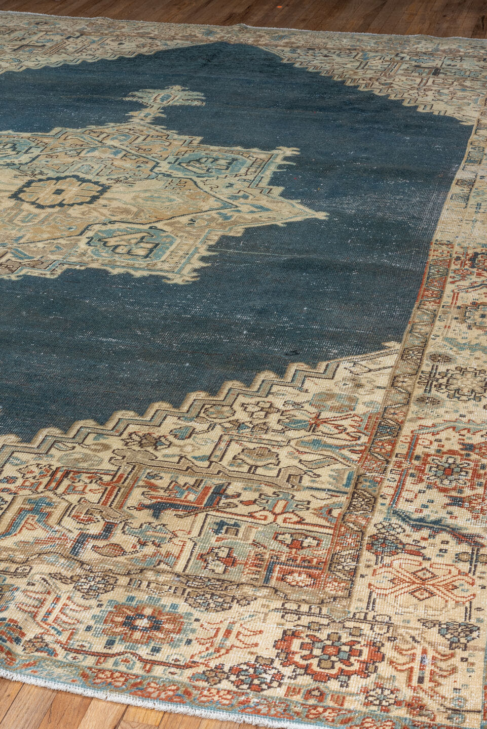 9' x 13' one-of-a-kind handmade vintage Heriz large size rug. Color palette: ivory, blue, slate, taupe, rust, camel