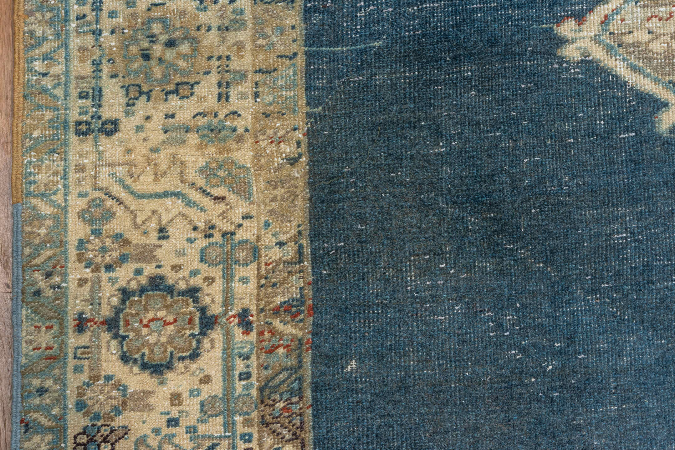 9' x 13' one-of-a-kind handmade vintage Heriz large size rug. Color palette: black, blue, brown, gray, light gray, off-white