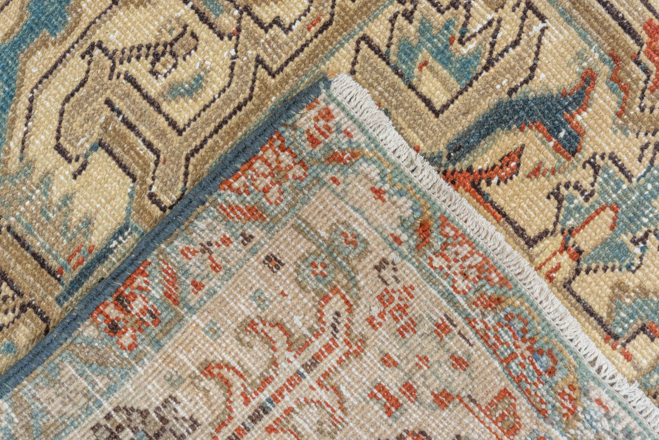 9' x 13' one-of-a-kind handmade vintage Heriz large size rug. Color palette: ivory, blue, slate, taupe, rust, camel