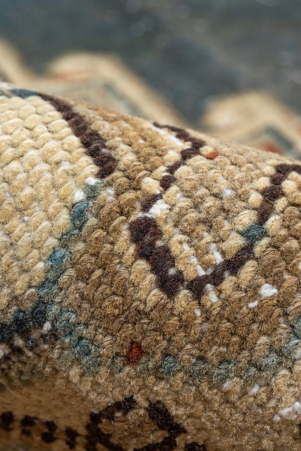 9' x 13' one-of-a-kind handmade vintage Heriz large size rug. Color palette: ivory, blue, slate, taupe, rust, camel
