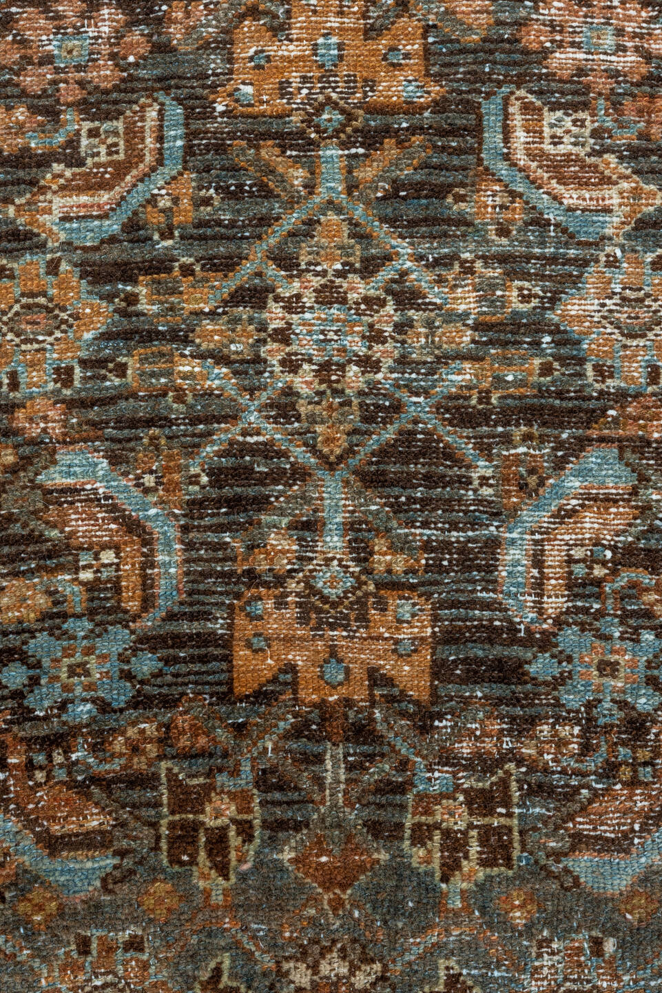 3' x 5' one-of-a-kind handmade vintage Malayer small size rug. Color palette: rust, blue, brown, ivory, camel, charcoal