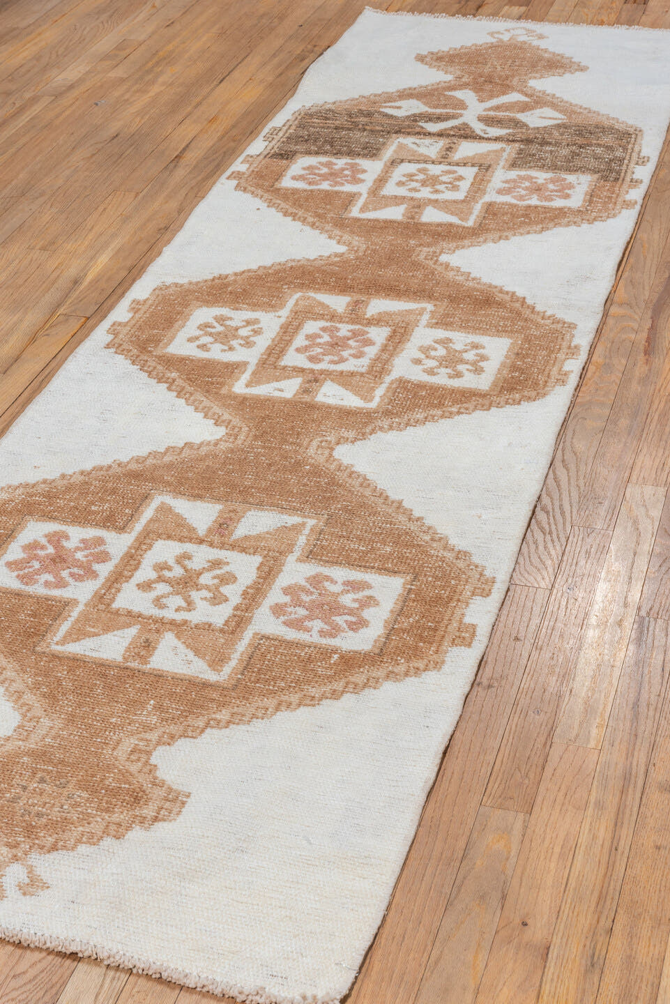 2' x 9' one-of-a-kind handmade vintage Oushak runner rug. Color palette: ivory, camel, taupe, beige, gray