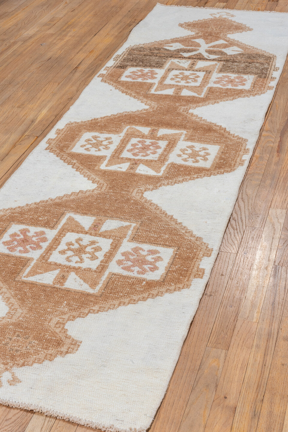 2' x 9' one-of-a-kind handmade vintage Oushak runner rug. Color palette: ivory, camel, taupe, beige, gray