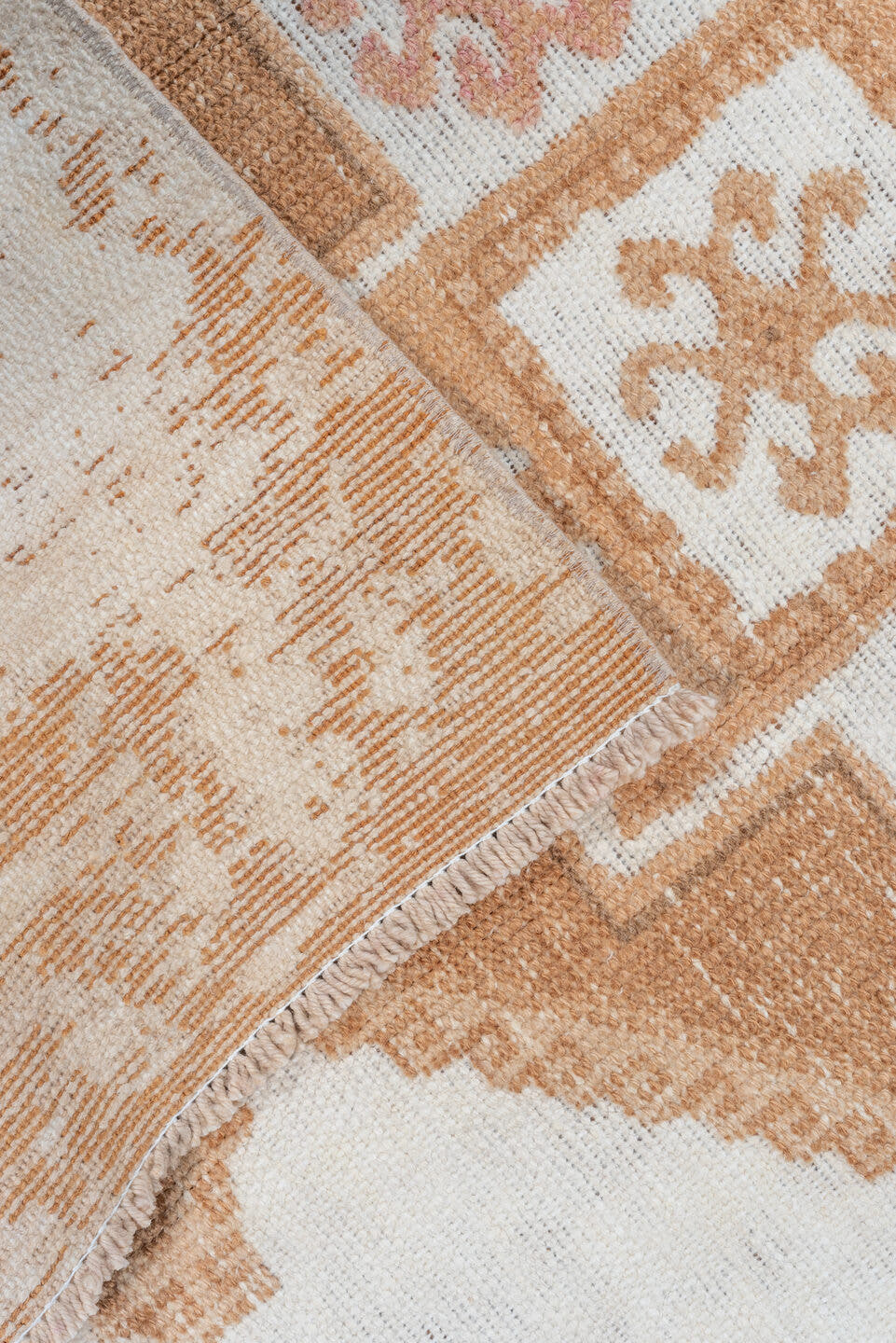 2' x 9' one-of-a-kind handmade vintage Oushak runner rug. Color palette: ivory, camel, taupe, beige, gray