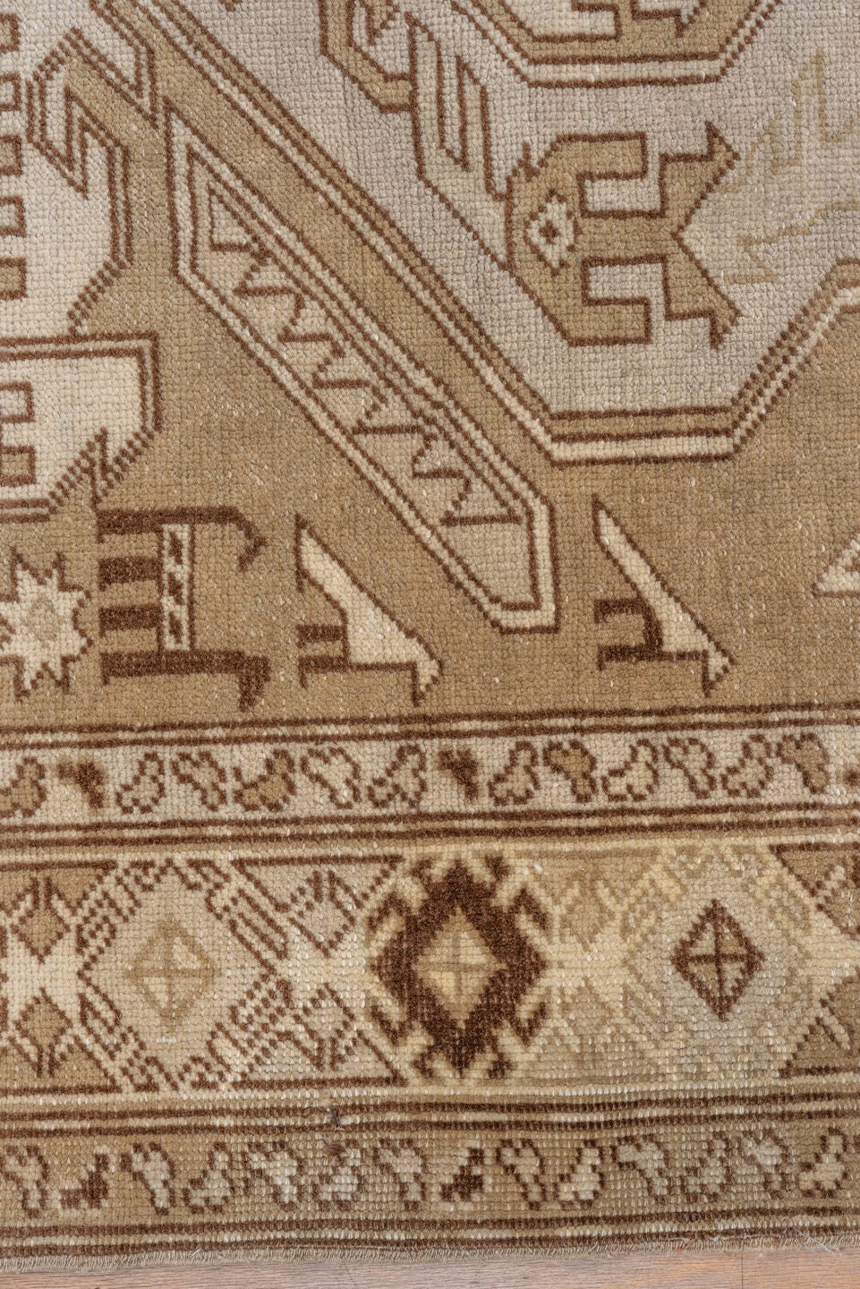 4' x 6' one-of-a-kind handmade vintage Caucasian small size rug. Color palette: ivory, camel, taupe, brown, sand, beige
