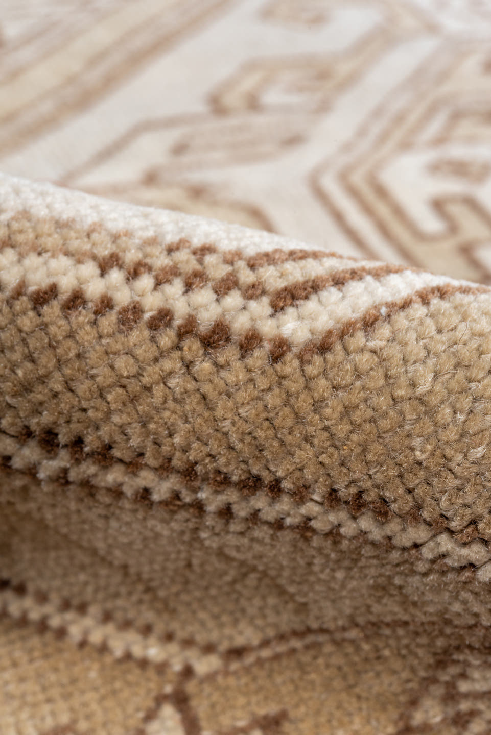 4' x 6' one-of-a-kind handmade vintage Caucasian small size rug. Color palette: ivory, camel, taupe, brown, sand, beige