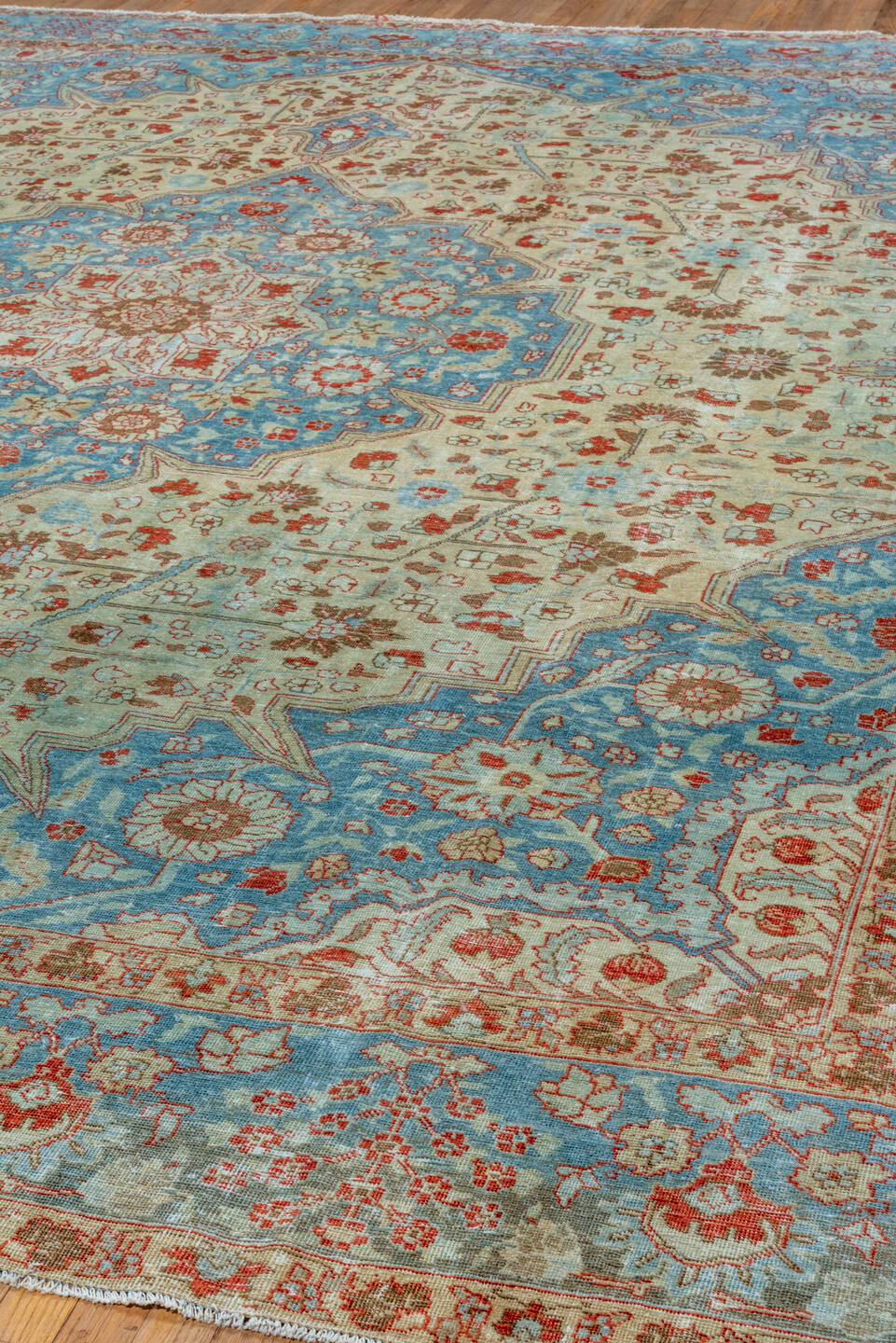 11' x 13' one-of-a-kind handmade vintage Tabriz oversize rug. Color palette: ivory, sky blue, rust, camel, taupe, terracotta