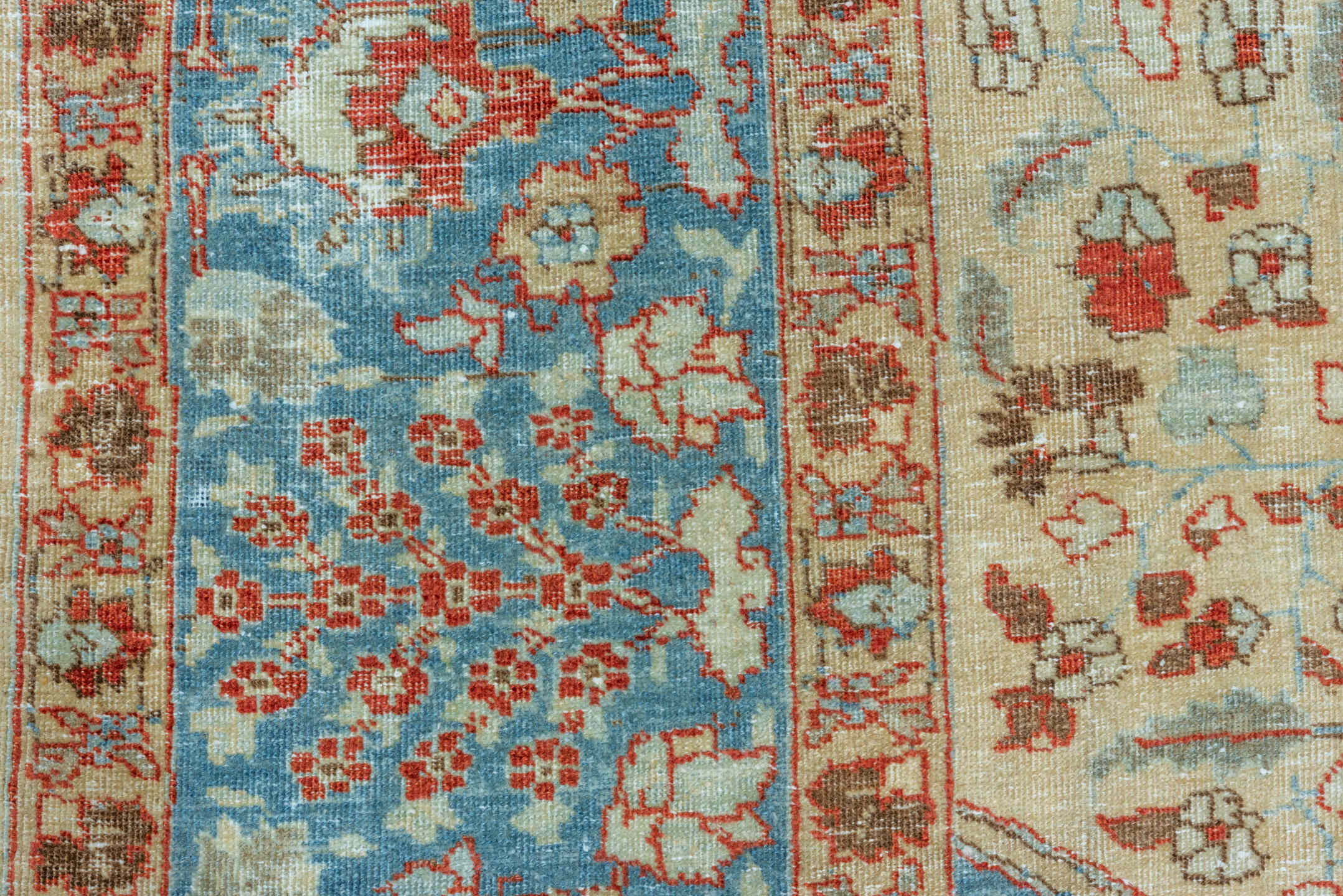 11' x 13' one-of-a-kind handmade vintage Tabriz oversize rug. Color palette: ivory, sky blue, rust, camel, taupe, terracotta