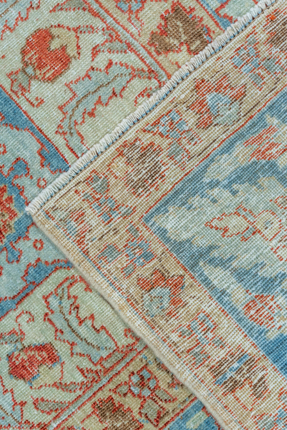 11' x 13' one-of-a-kind handmade vintage Tabriz oversize rug. Color palette: ivory, sky blue, rust, camel, taupe, terracotta