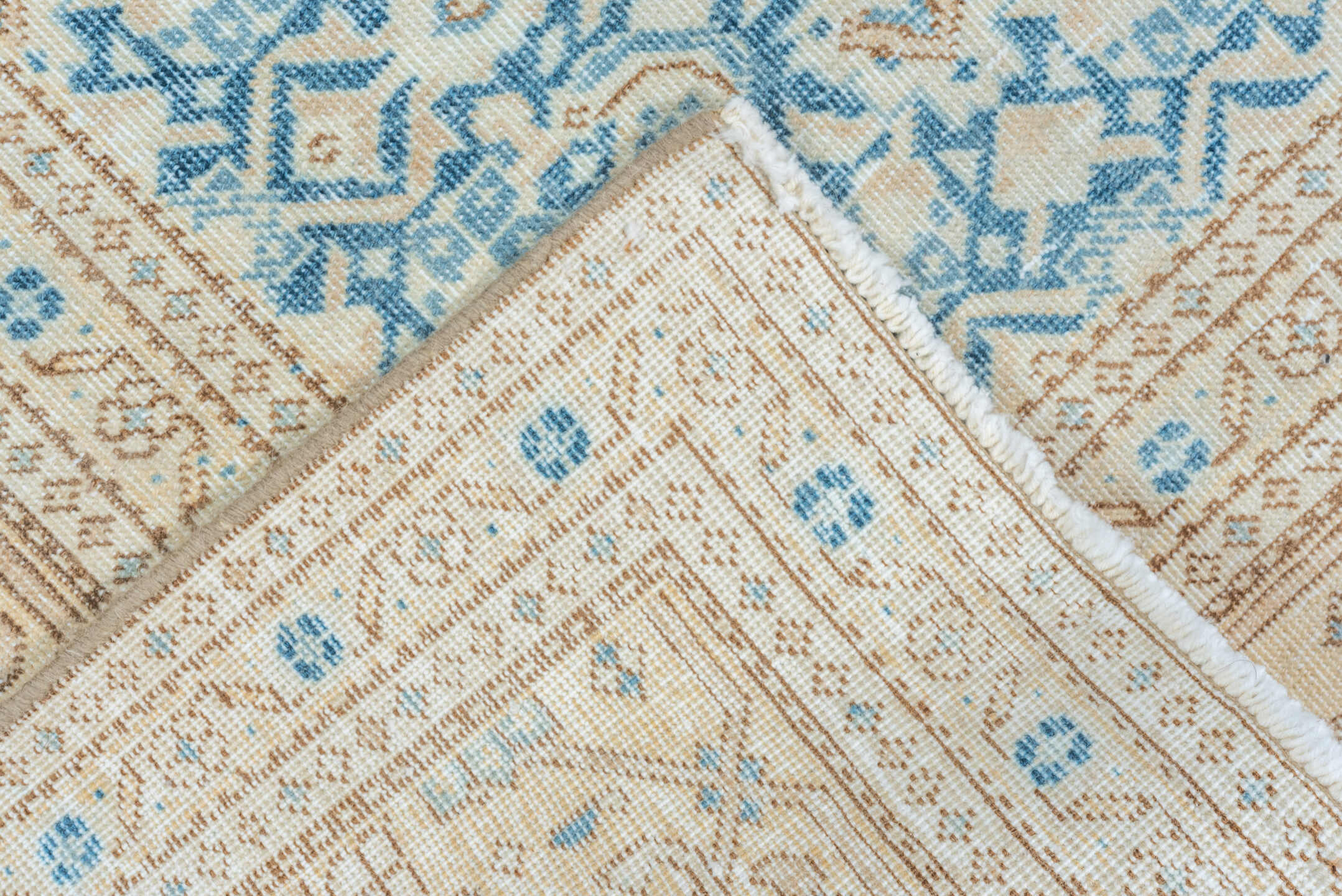 7' x 10' one-of-a-kind handmade vintage Tabriz large size rug. Color palette: ivory, sky blue, beige, tan, slate, camel