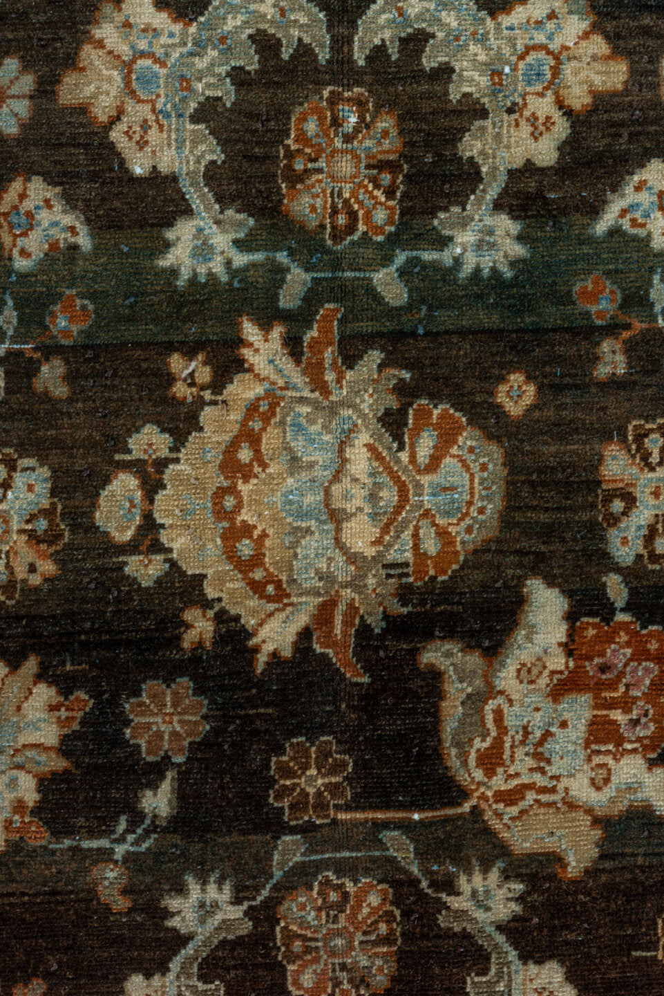 12' x 14' one-of-a-kind handmade vintage Malayer oversize rug. Color palette: charcoal, ivory, rust, pale blue, camel, taupe