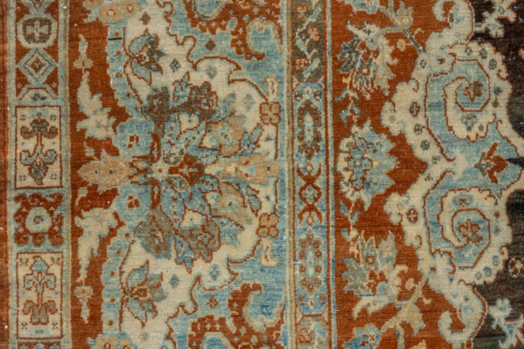 12' x 14' one-of-a-kind handmade vintage Malayer oversize rug. Color palette: charcoal, ivory, rust, pale blue, camel, taupe