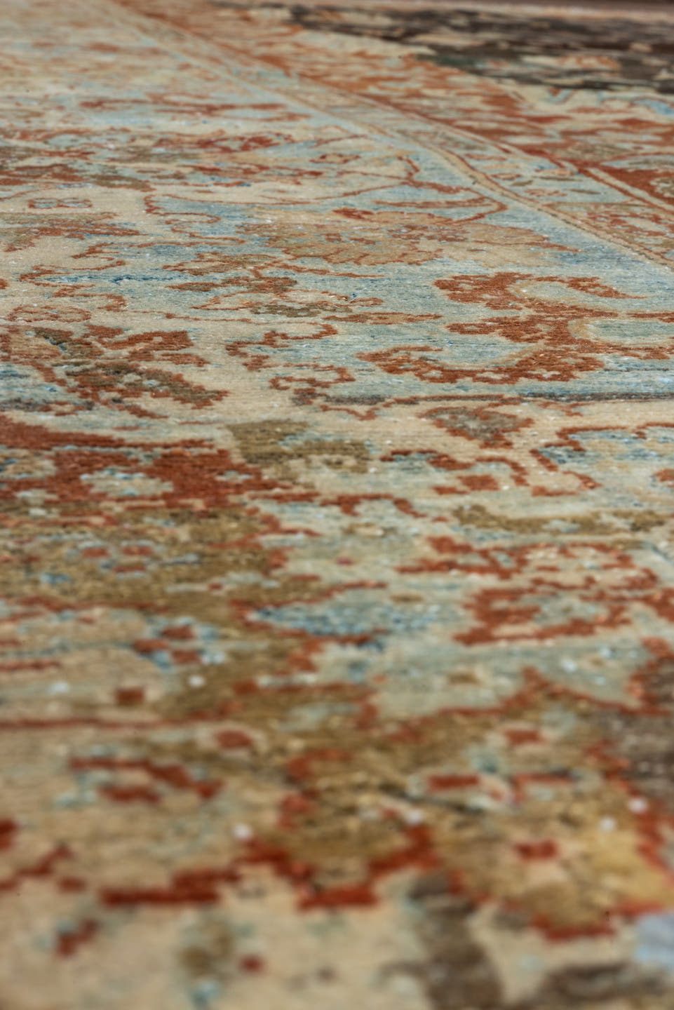 12' x 14' one-of-a-kind handmade vintage Malayer oversize rug. Color palette: charcoal, ivory, rust, pale blue, camel, taupe