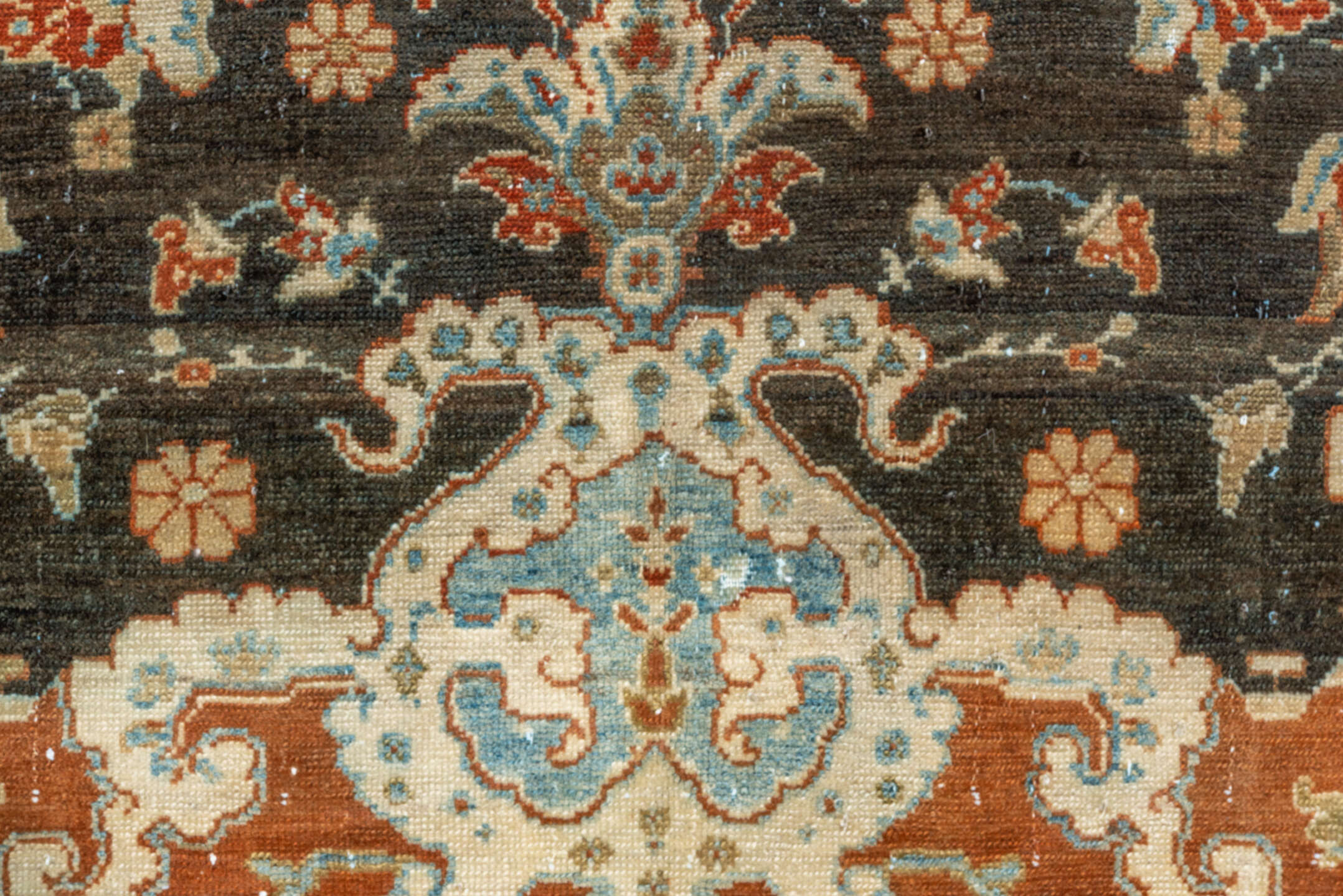 12' x 14' one-of-a-kind handmade vintage Malayer oversize rug. Color palette: charcoal, ivory, rust, pale blue, camel, taupe