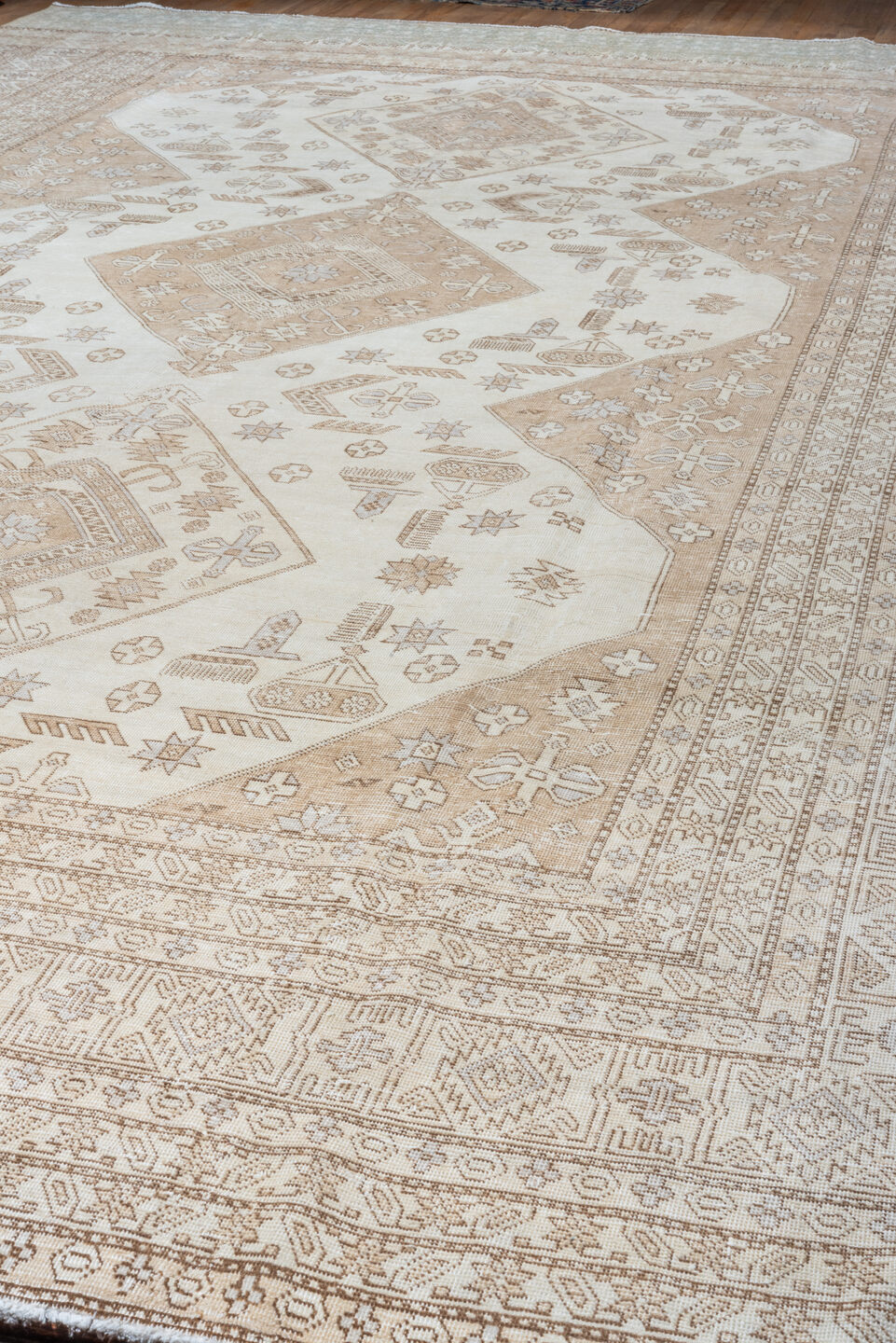 11' x 18' one-of-a-kind handmade vintage Tabriz oversize rug. Color palette: ivory, beige, taupe, sand, camel, gray