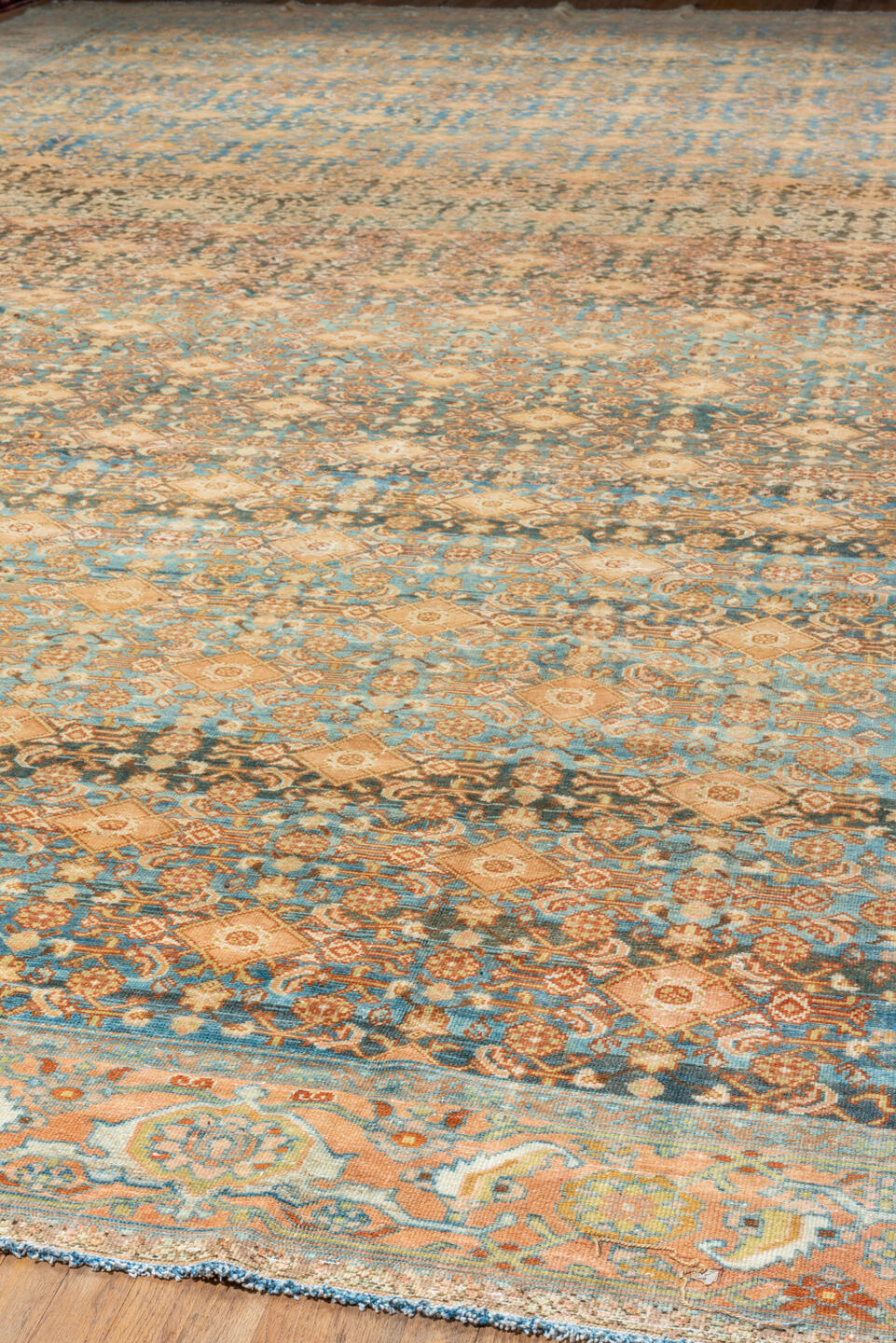 11' x 20' one-of-a-kind handmade vintage Malayer oversize rug. Color palette: blue, camel, ivory, taupe, brown, peach, teal