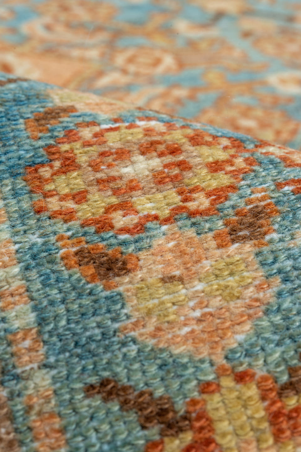 11' x 20' one-of-a-kind handmade vintage Malayer oversize rug. Color palette: blue, camel, ivory, taupe, brown, peach, teal