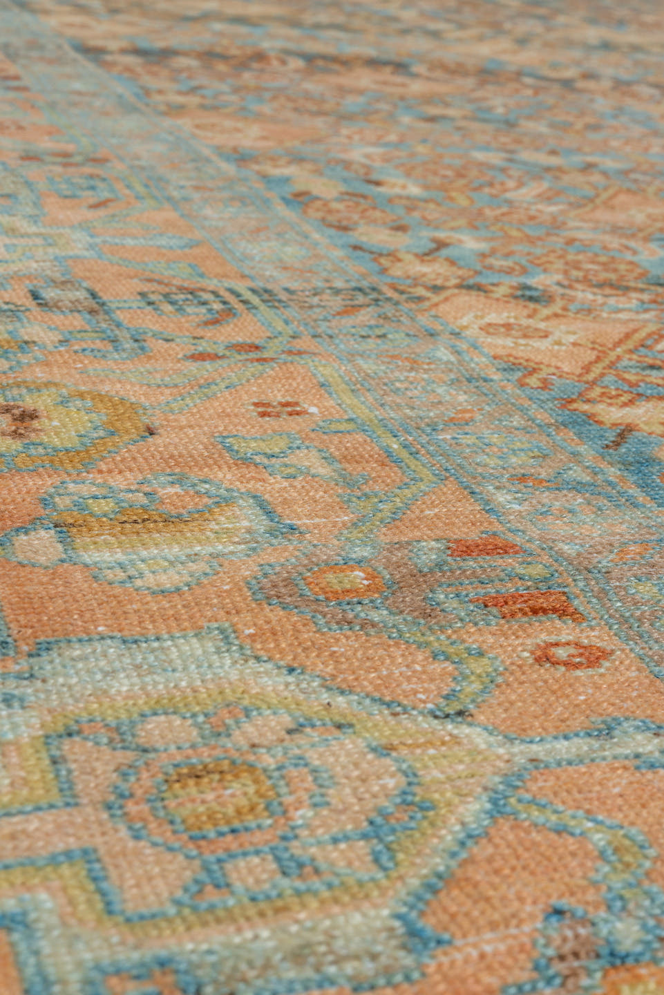 11' x 20' one-of-a-kind handmade vintage Malayer oversize rug. Color palette: blue, camel, ivory, taupe, brown, peach, teal