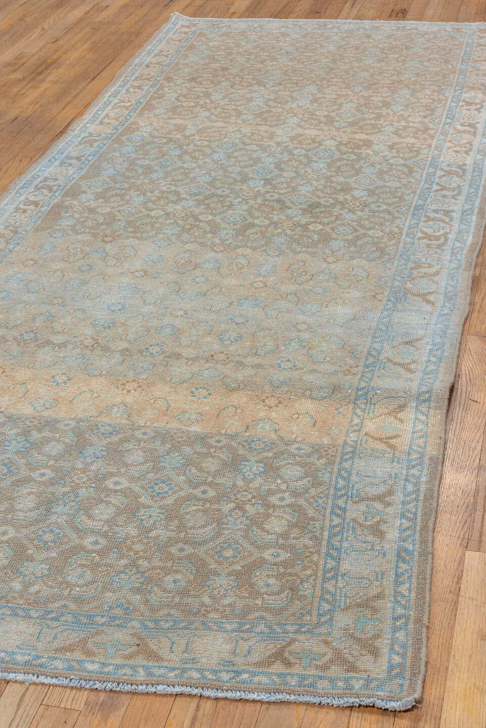 3' x 10' one-of-a-kind handmade vintage Mahal runner rug. Color palette: taupe, sky blue, ivory, beige, camel, light gray