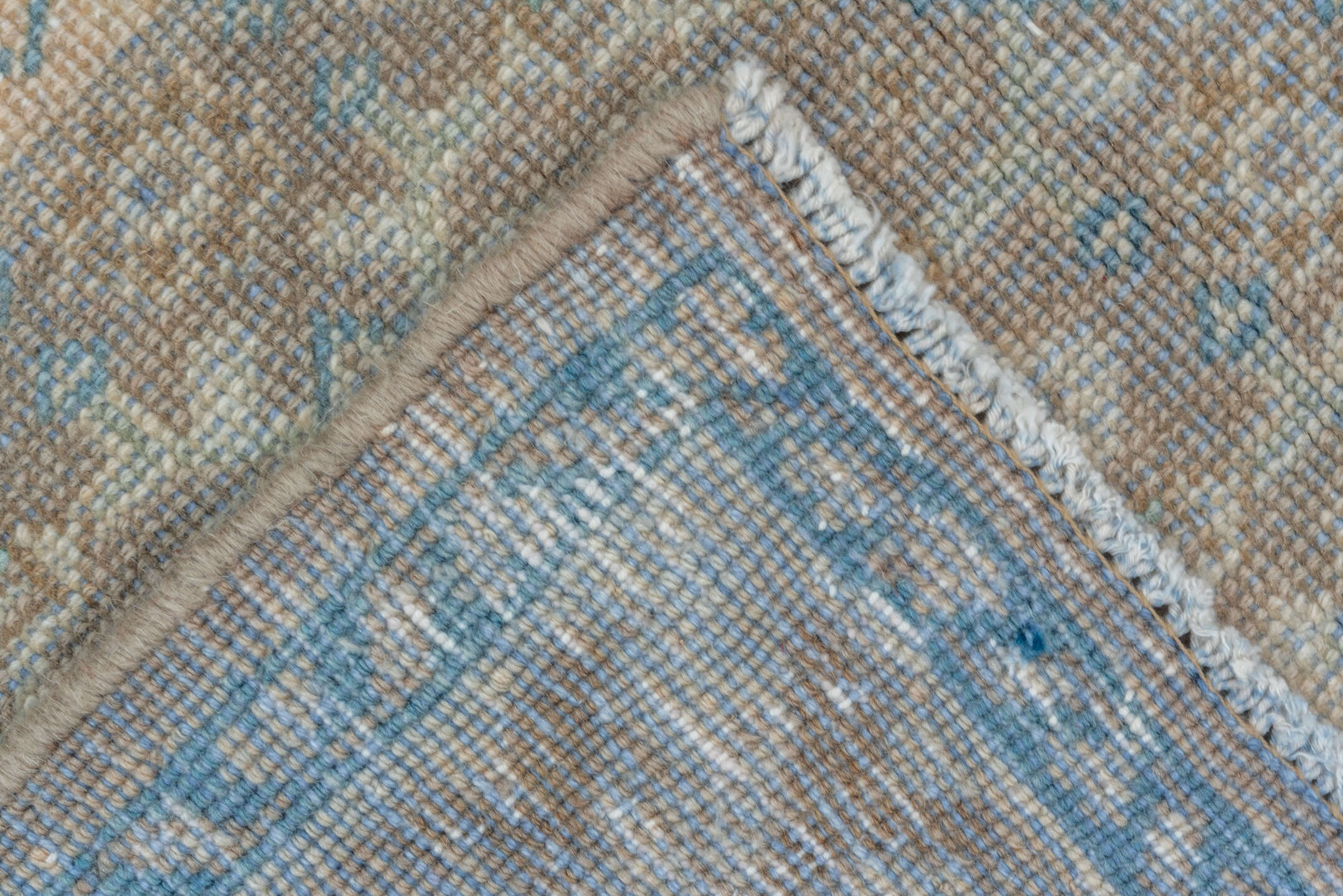 3' x 10' one-of-a-kind handmade vintage Mahal runner rug. Color palette: taupe, sky blue, ivory, beige, camel, light gray