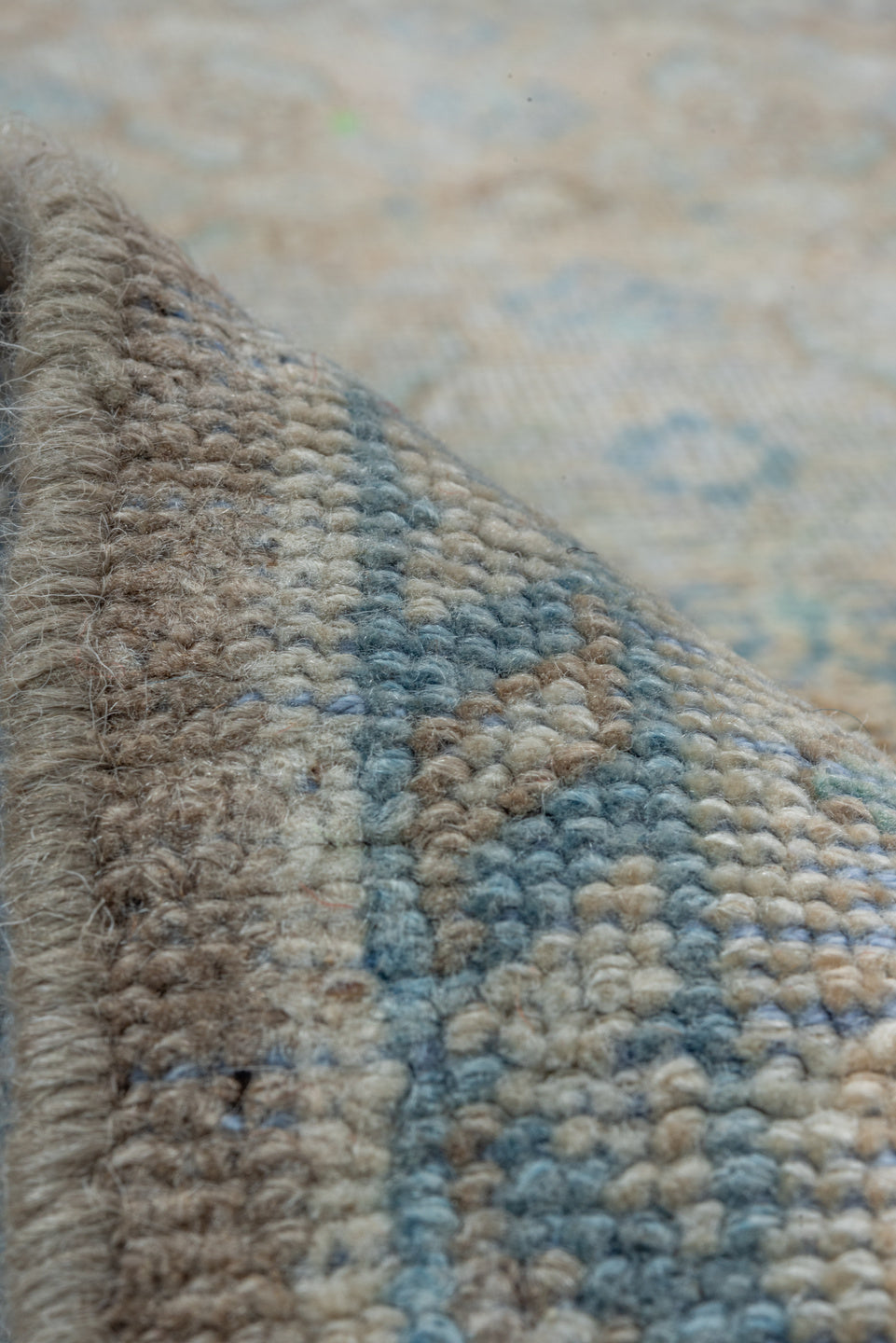 3' x 10' one-of-a-kind handmade vintage Mahal runner rug. Color palette: taupe, sky blue, ivory, beige, camel, light gray