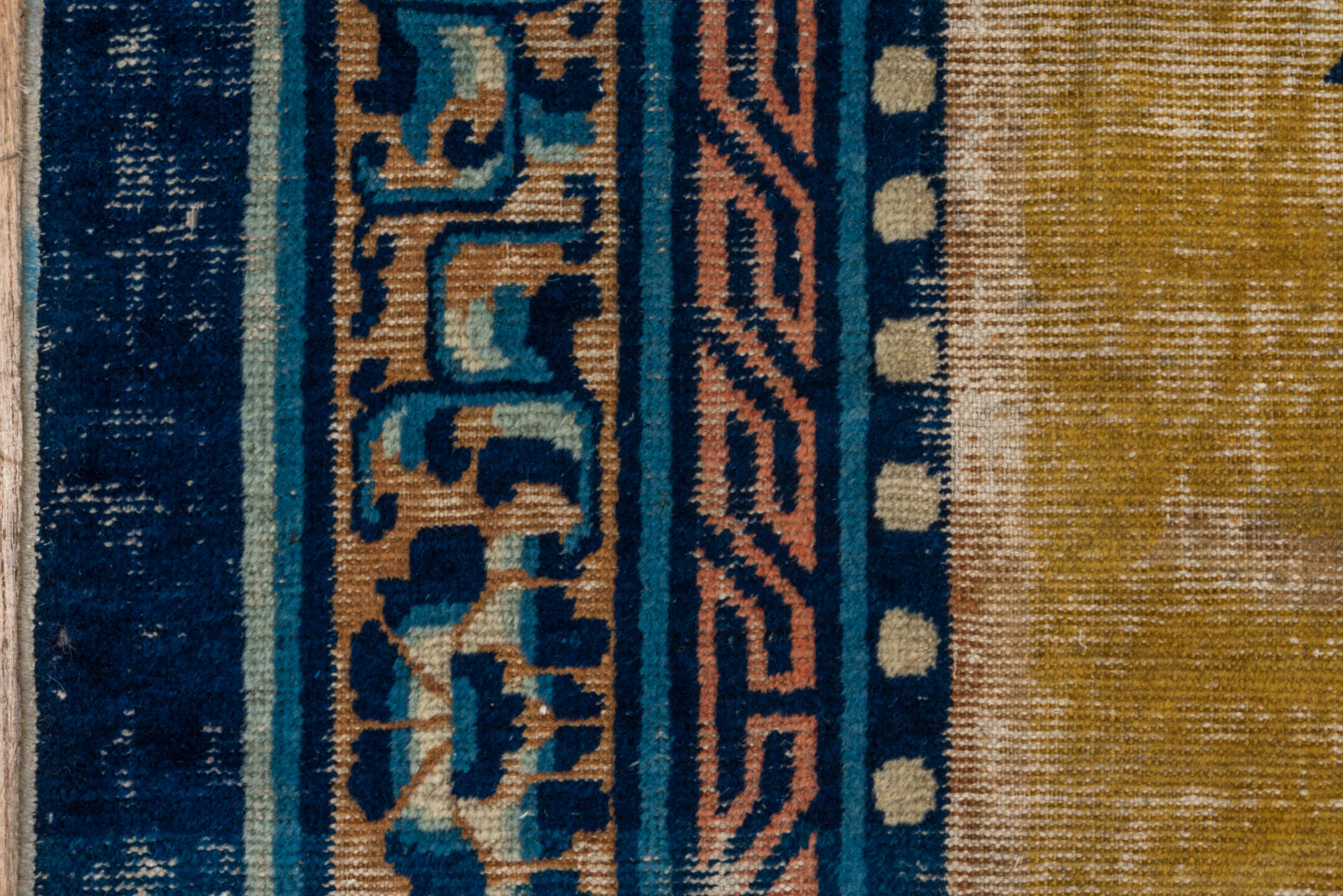 12' x 12' one-of-a-kind handmade vintage Chinese oversize rug. Color palette: gold, navy, ivory, sky_blue, camel, rose, blue