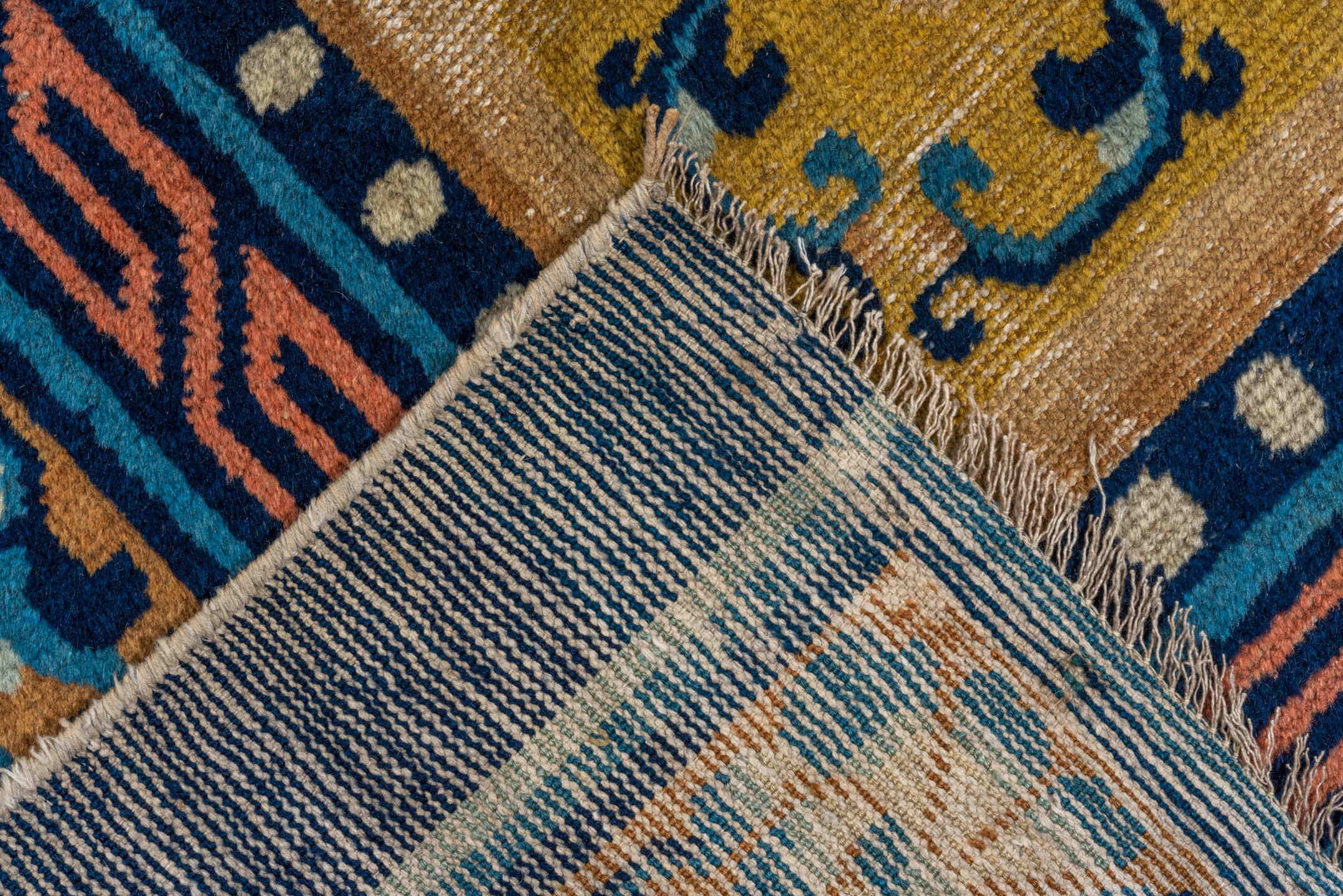 12' x 12' one-of-a-kind handmade vintage Chinese oversize rug. Color palette: gold, navy, ivory, sky_blue, camel, rose, blue