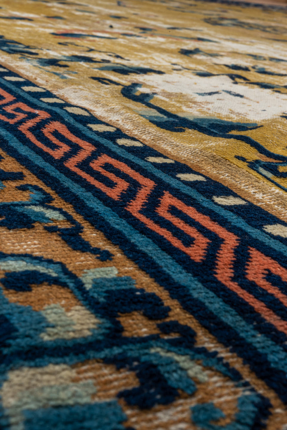 12' x 12' one-of-a-kind handmade vintage Chinese oversize rug. Color palette: gold, navy, ivory, sky_blue, camel, rose, blue
