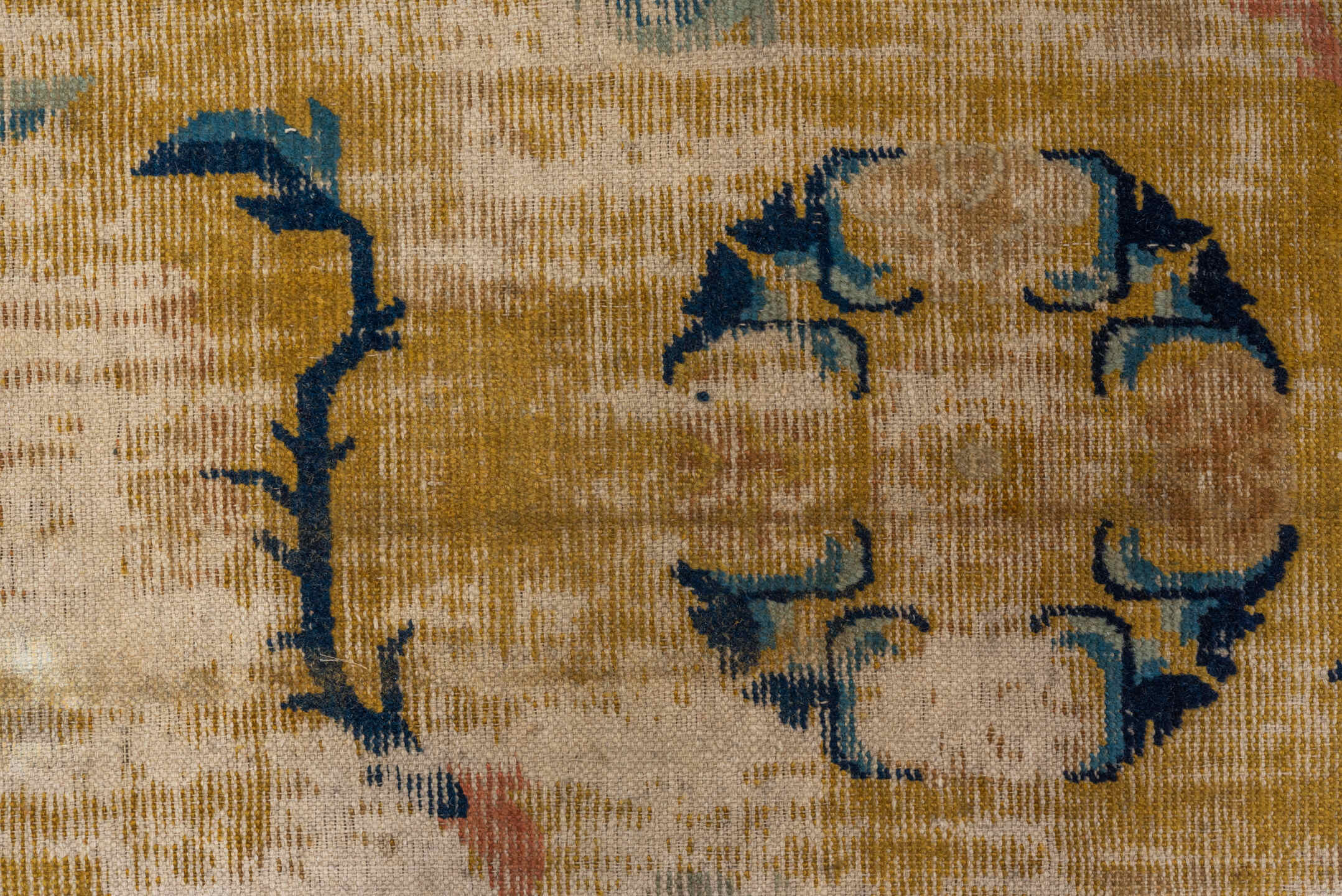 12' x 12' one-of-a-kind handmade vintage Chinese oversize rug. Color palette: gold, navy, ivory, sky_blue, camel, rose, blue