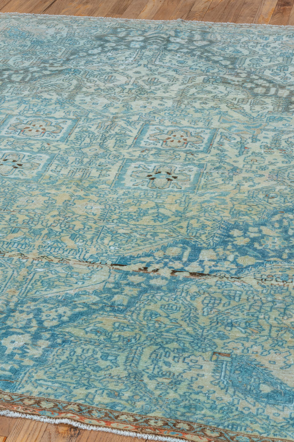 4' x 6' one-of-a-kind handmade vintage Malayer small size rug. Color palette: ivory, sky blue, aqua, slate, taupe, rust
