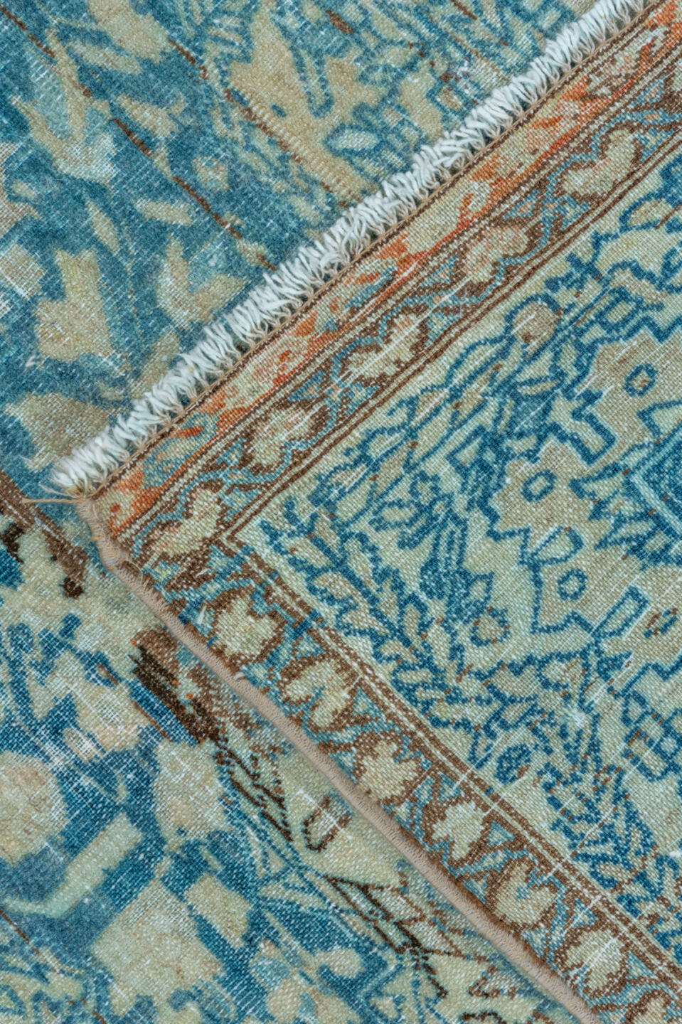 4' x 6' one-of-a-kind handmade vintage Malayer small size rug. Color palette: ivory, sky blue, aqua, slate, taupe, rust
