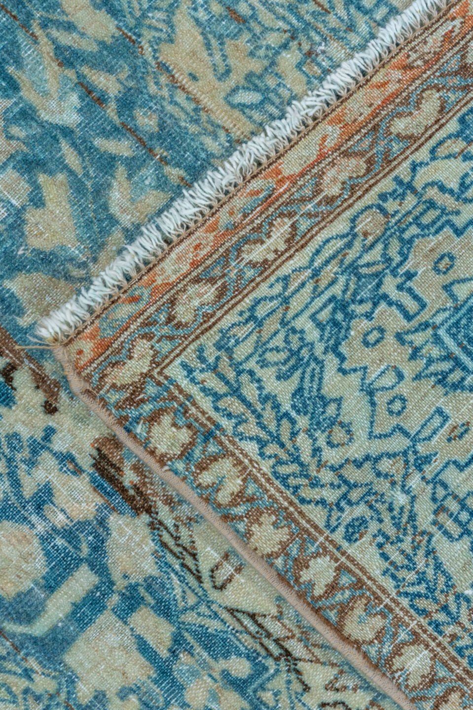 4' x 6' one-of-a-kind handmade vintage Malayer small size rug. Color palette: ivory, sky blue, aqua, slate, taupe, rust