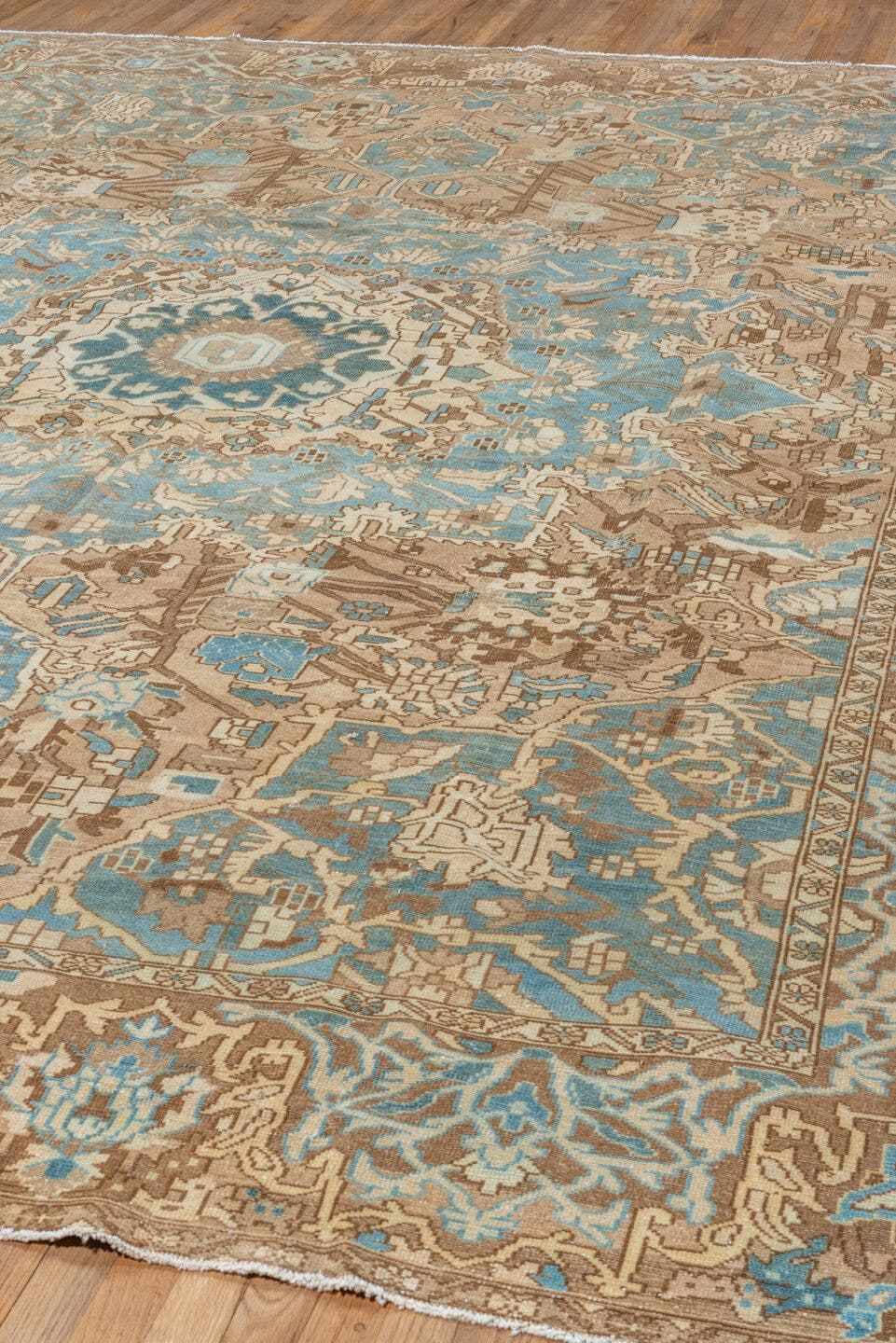 9' x 12' one-of-a-kind handmade vintage Baktiary large size rug. Color palette: sky blue, taupe, ivory, brown, camel, teal