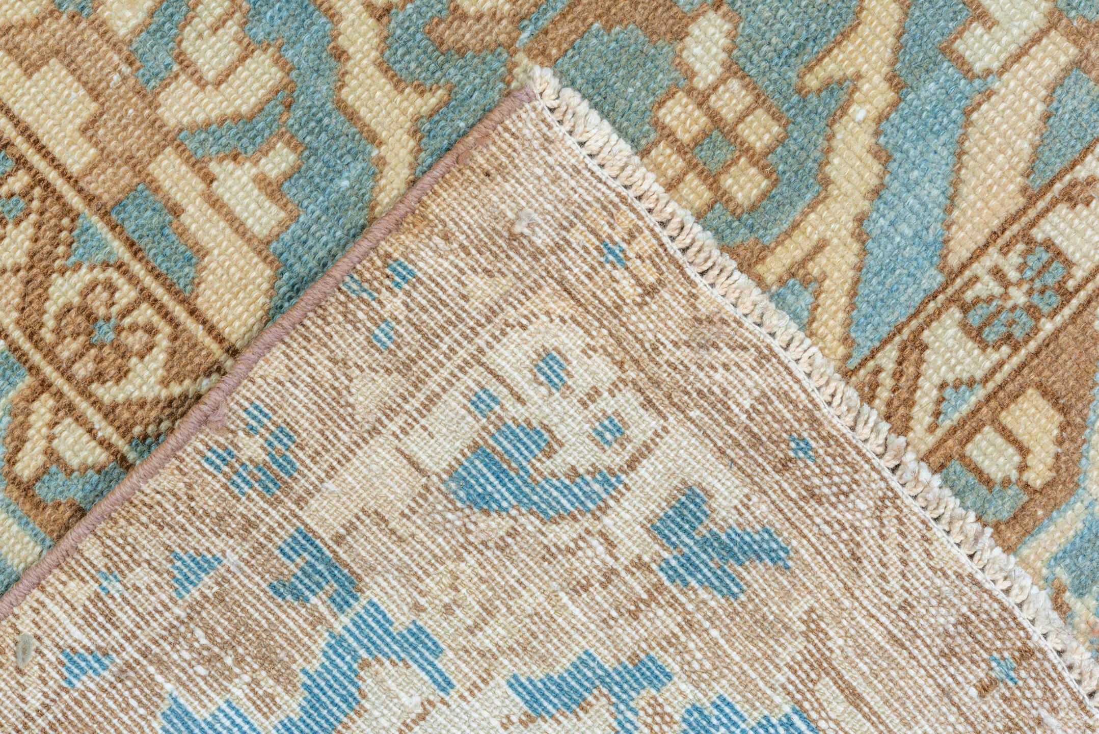 9' x 12' one-of-a-kind handmade vintage Baktiary large size rug. Color palette: sky blue, taupe, ivory, brown, camel, teal