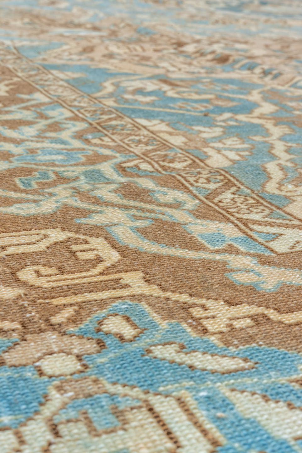 9' x 12' one-of-a-kind handmade vintage Baktiary large size rug. Color palette: sky blue, taupe, ivory, brown, camel, teal