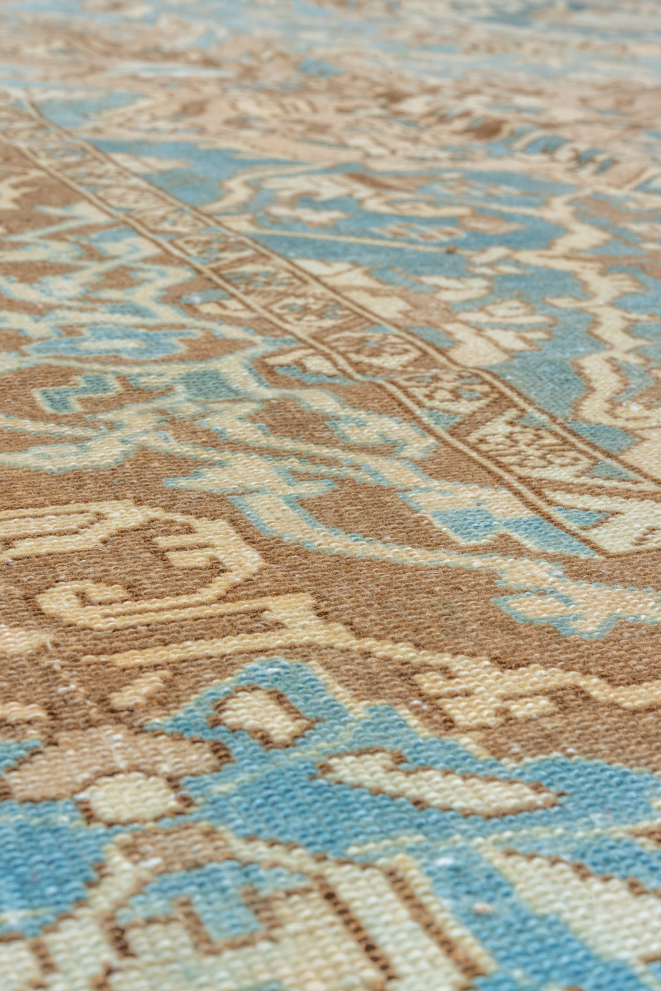 9' x 12' one-of-a-kind handmade vintage Baktiary large size rug. Color palette: sky blue, taupe, ivory, brown, camel, teal