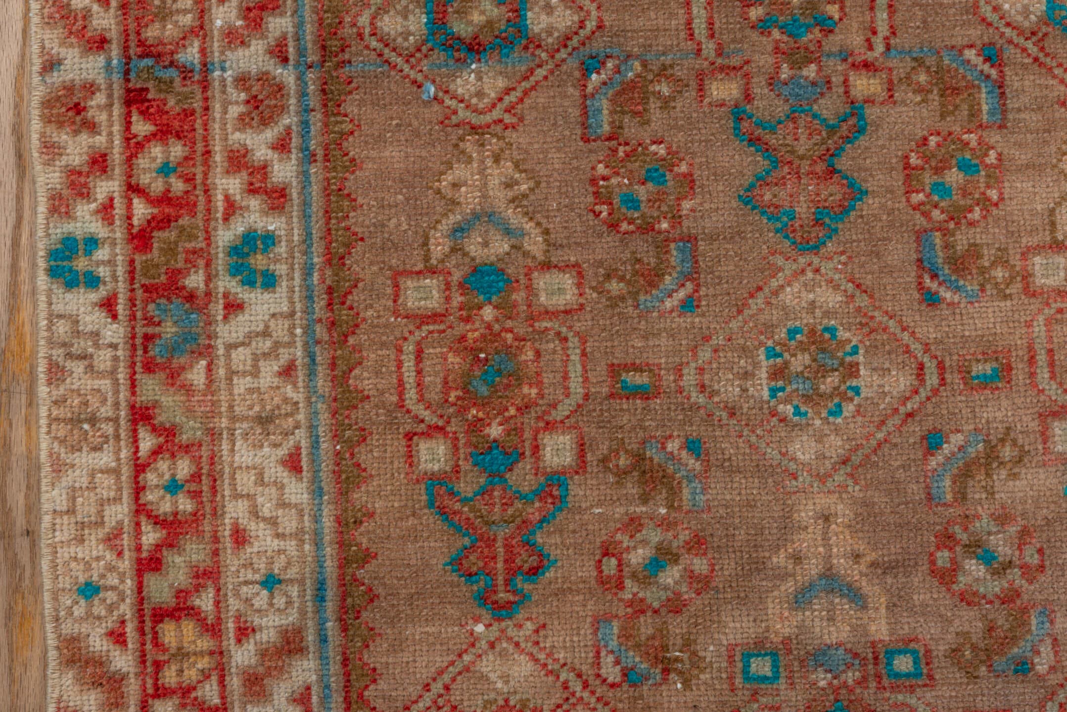 2' x 15' one-of-a-kind handmade vintage Malayer runner rug. Color palette: camel, rust, turquoise, ivory, taupe, terracotta