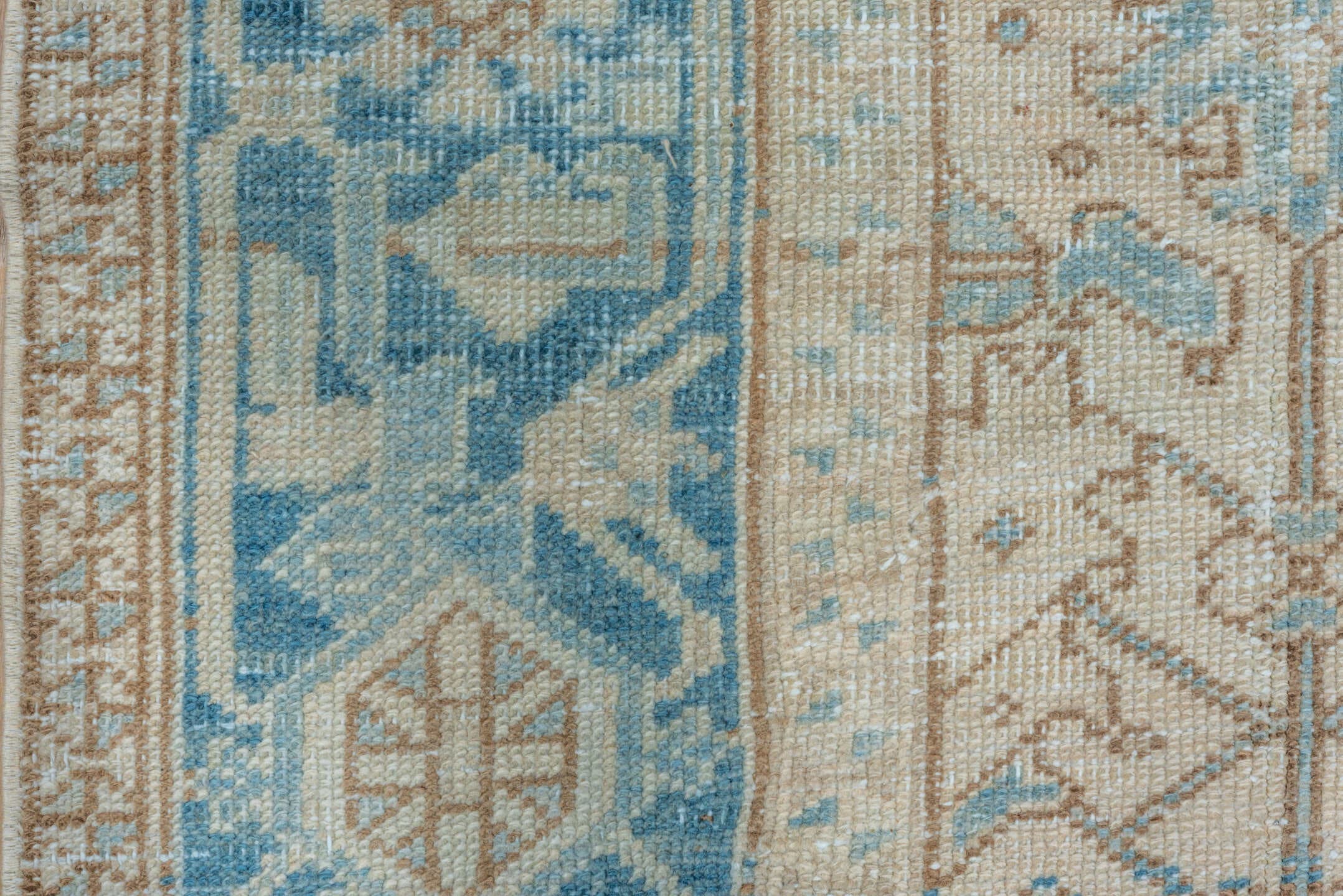 7' x 8' one-of-a-kind handmade vintage Heriz rug. Color palette: ivory, sky blue, beige, taupe, camel, slate, light blue