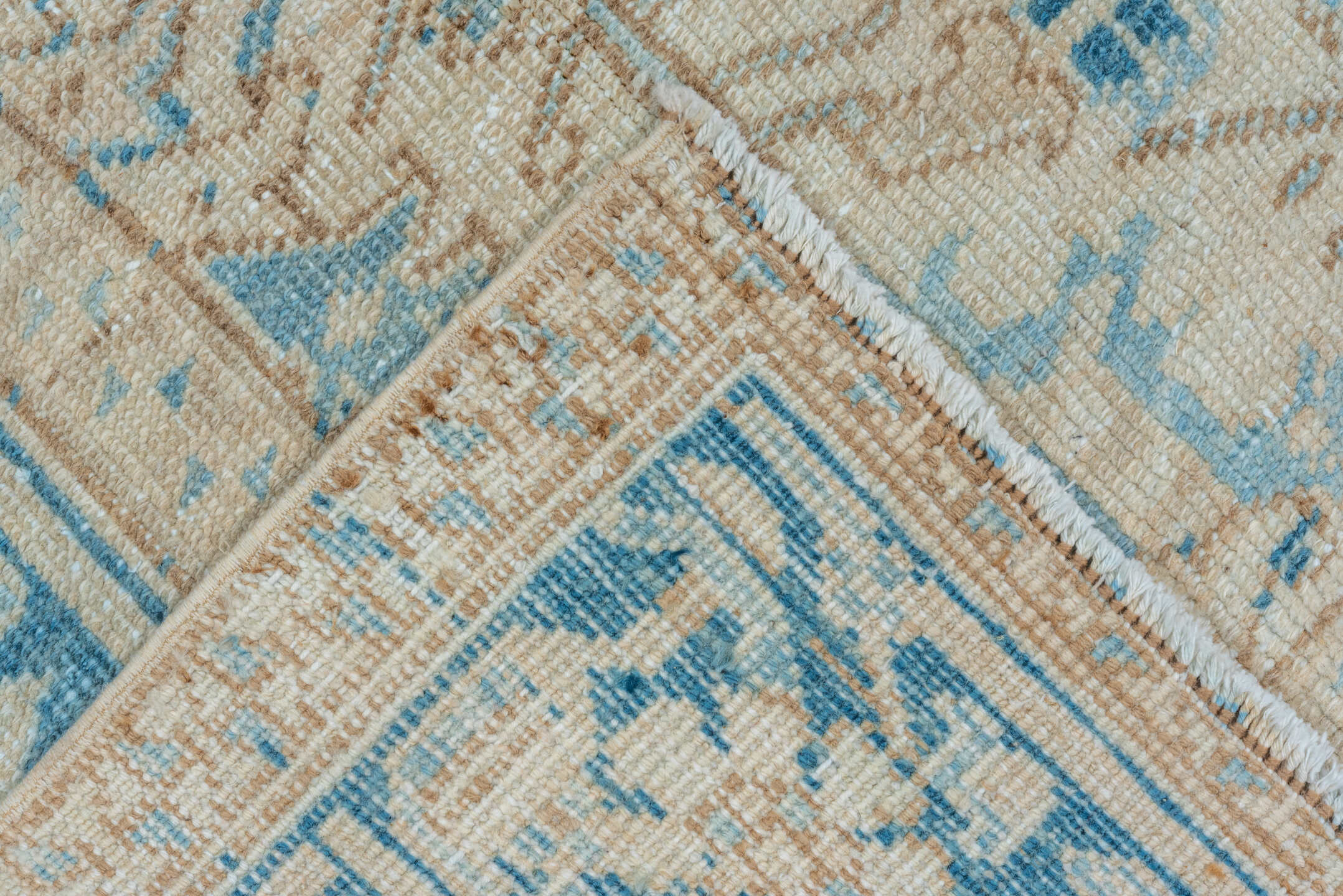 7' x 8' one-of-a-kind handmade vintage Heriz rug. Color palette: ivory, sky blue, beige, taupe, camel, slate, light blue