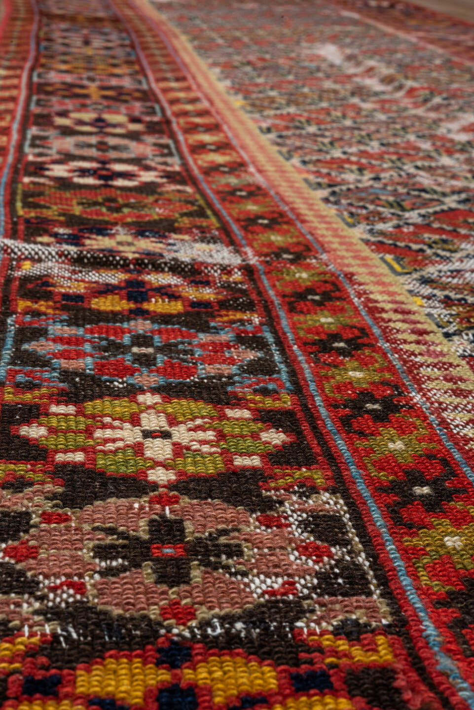 3' x 13' one-of-a-kind handmade vintage Malayer runner rug. Color palette: rust, ivory, navy, crimson, camel, gold, charcoal