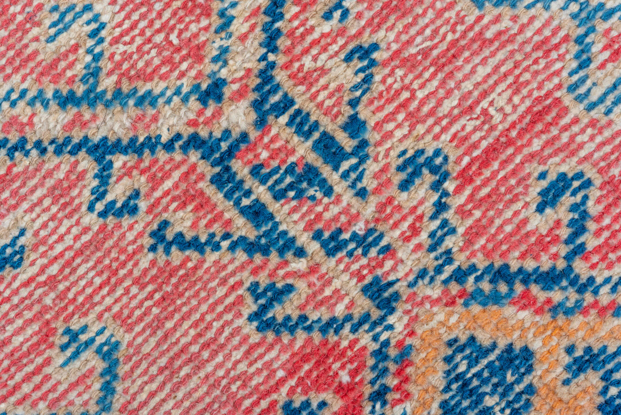 3' x 9' one-of-a-kind handmade vintage Heriz runner rug. Color palette: coral, ivory, navy, sky_blue, rose, saffron