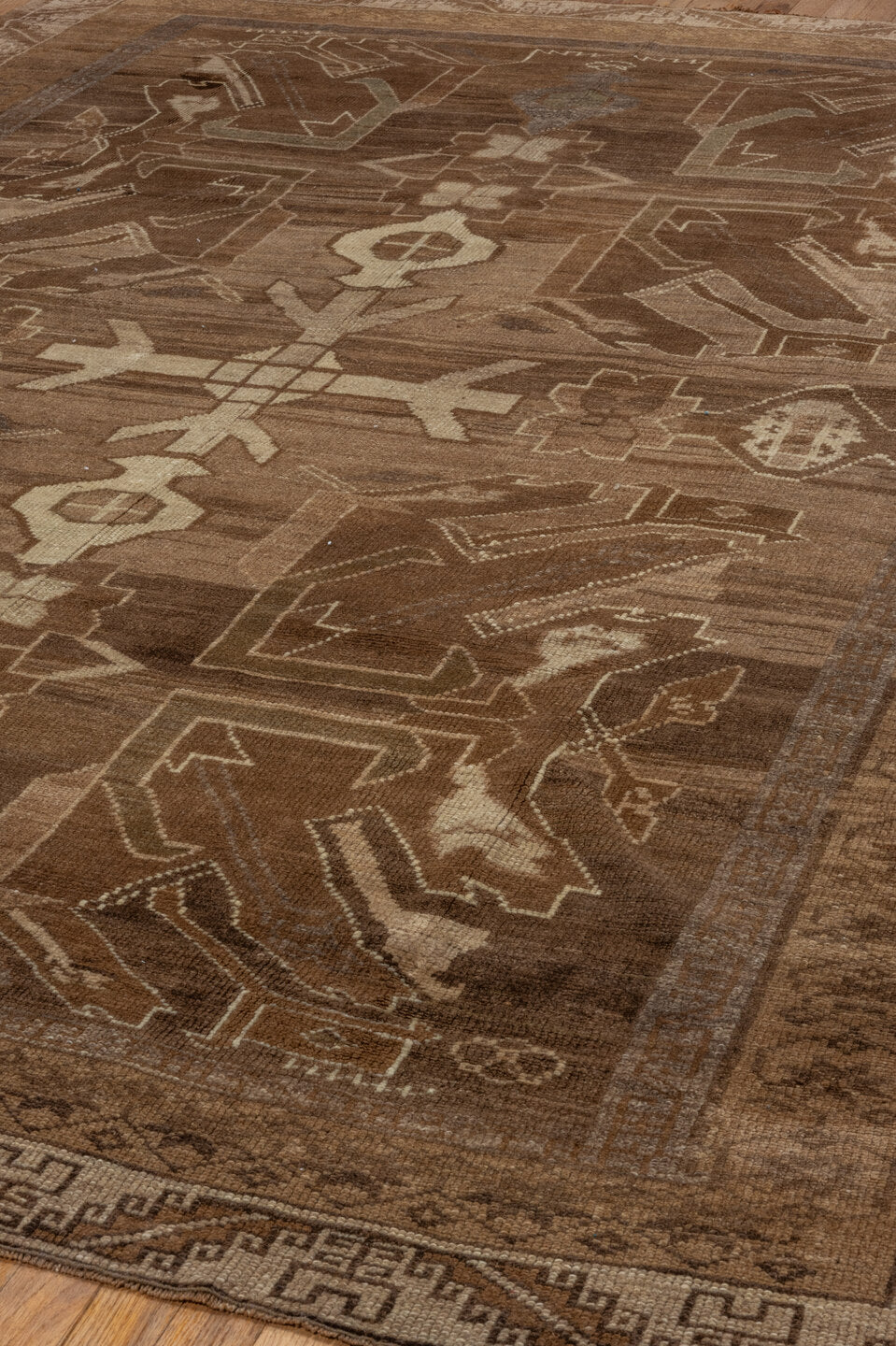 7' x 10' one-of-a-kind handmade vintage Kars large size rug. Color palette: brown, taupe, camel, ivory, charcoal, beige