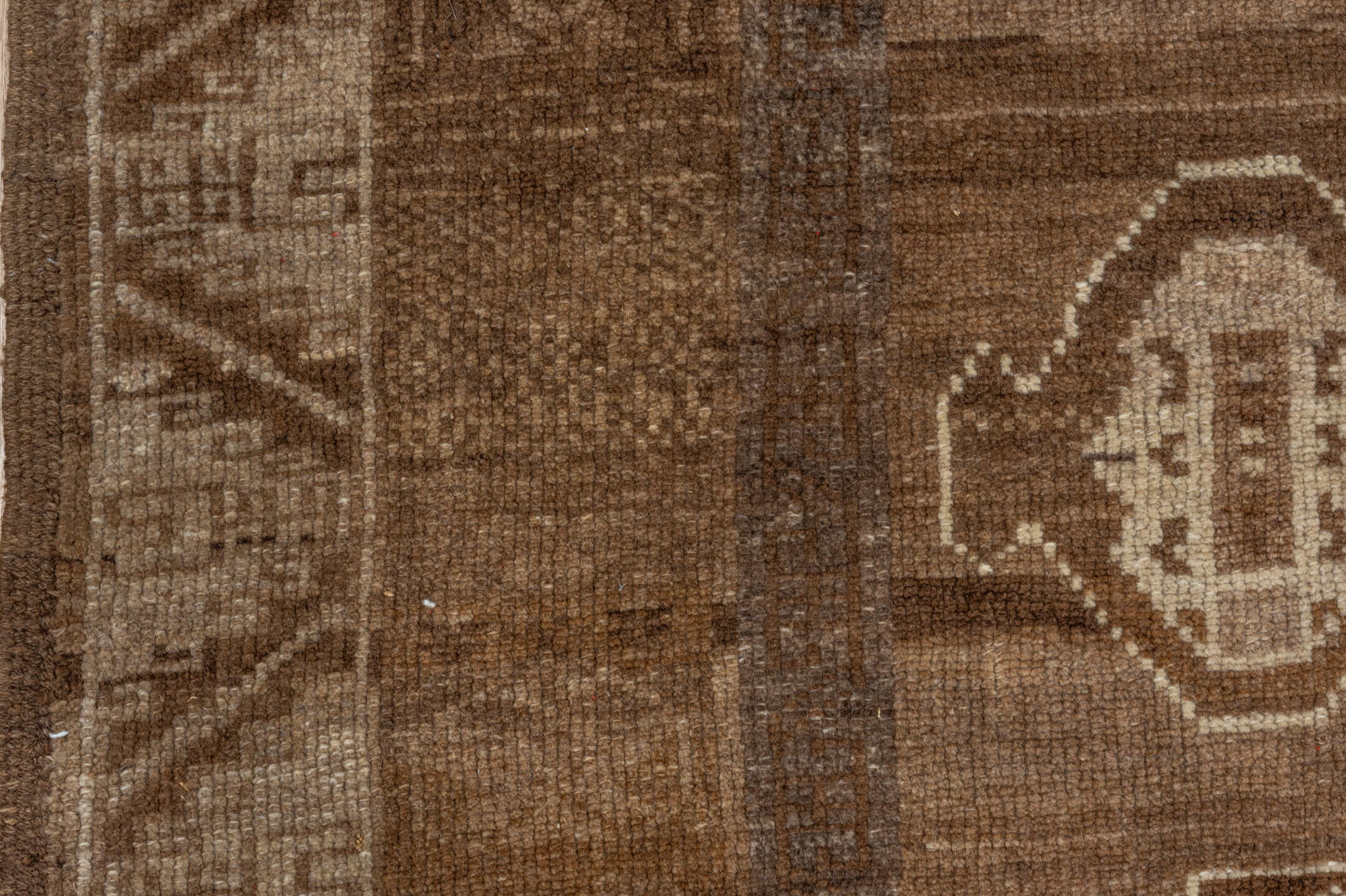 7' x 10' one-of-a-kind handmade vintage Kars large size rug. Color palette: brown, gray, linen, off-white, seashell