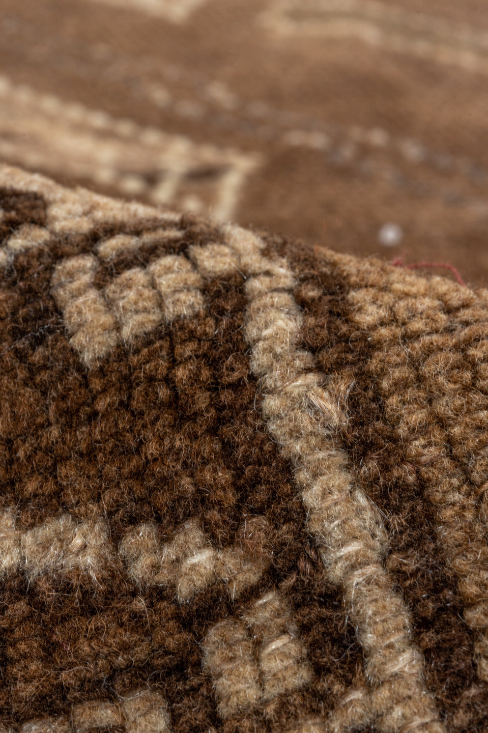 7' x 10' one-of-a-kind handmade vintage Kars large size rug. Color palette: brown, taupe, camel, ivory, charcoal, beige