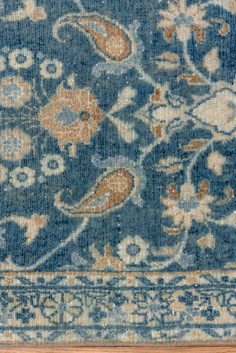 2' x 22' one-of-a-kind handmade vintage Lilian runner rug. Color palette: blue, ivory, sky blue, teal, cream, light blue