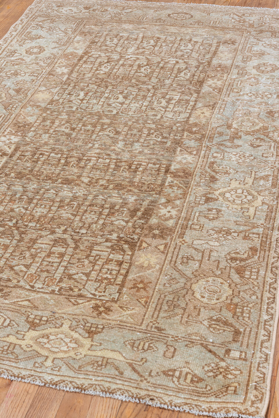 3' x 6' one-of-a-kind handmade vintage Malayer small size rug. Color palette: taupe, camel, ivory, light blue, sand, brown