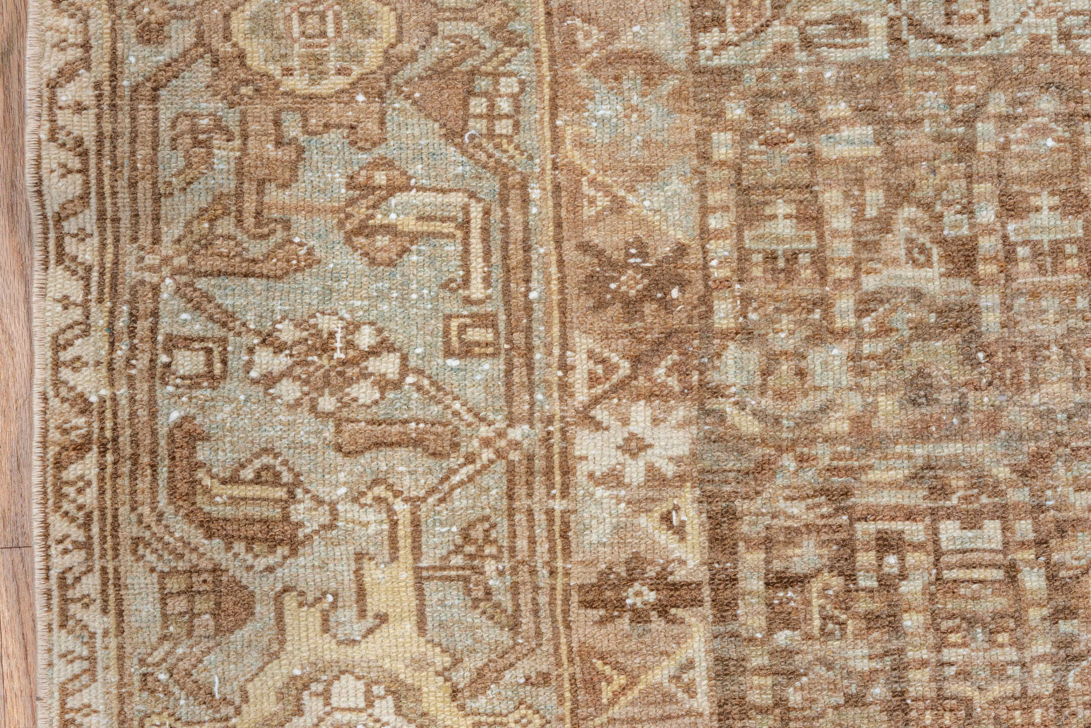 3' x 6' one-of-a-kind handmade vintage Malayer small size rug. Color palette: taupe, camel, ivory, light blue, sand, brown