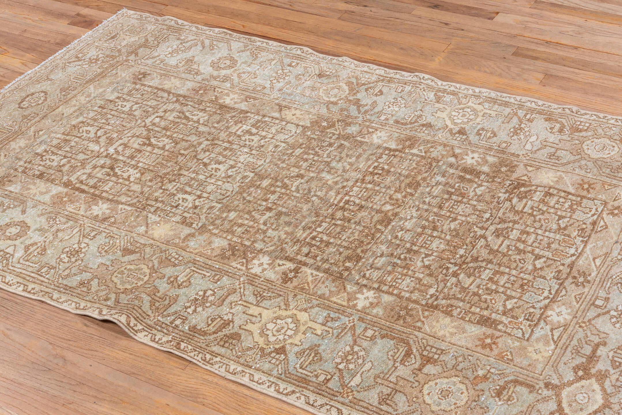 3' x 6' one-of-a-kind handmade vintage Malayer small size rug. Color palette: taupe, camel, ivory, light blue, sand, brown