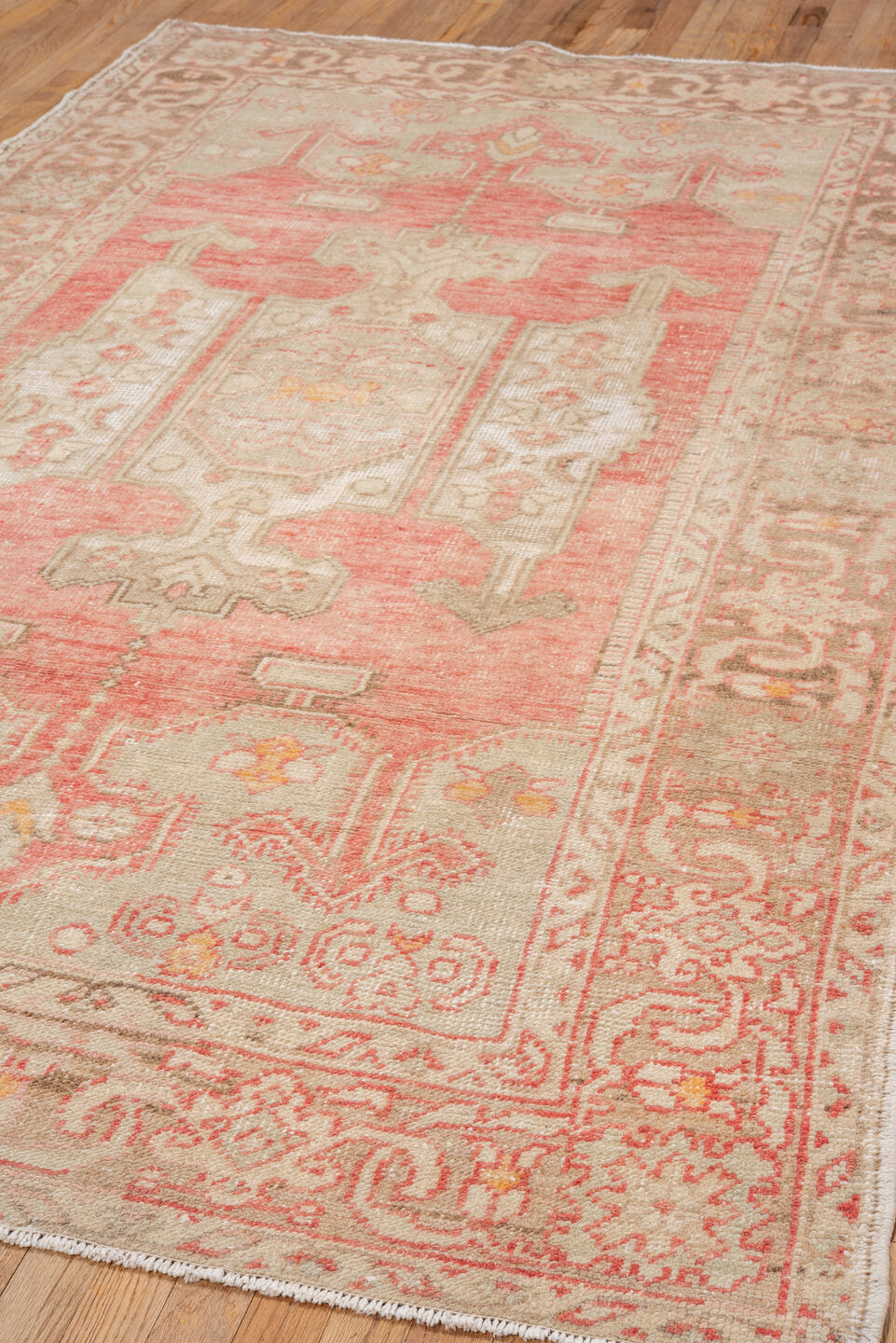 5' x 8' one-of-a-kind handmade vintage Oushak medium size rug. Color palette: coral, ivory, taupe, beige, blush, camel, gold