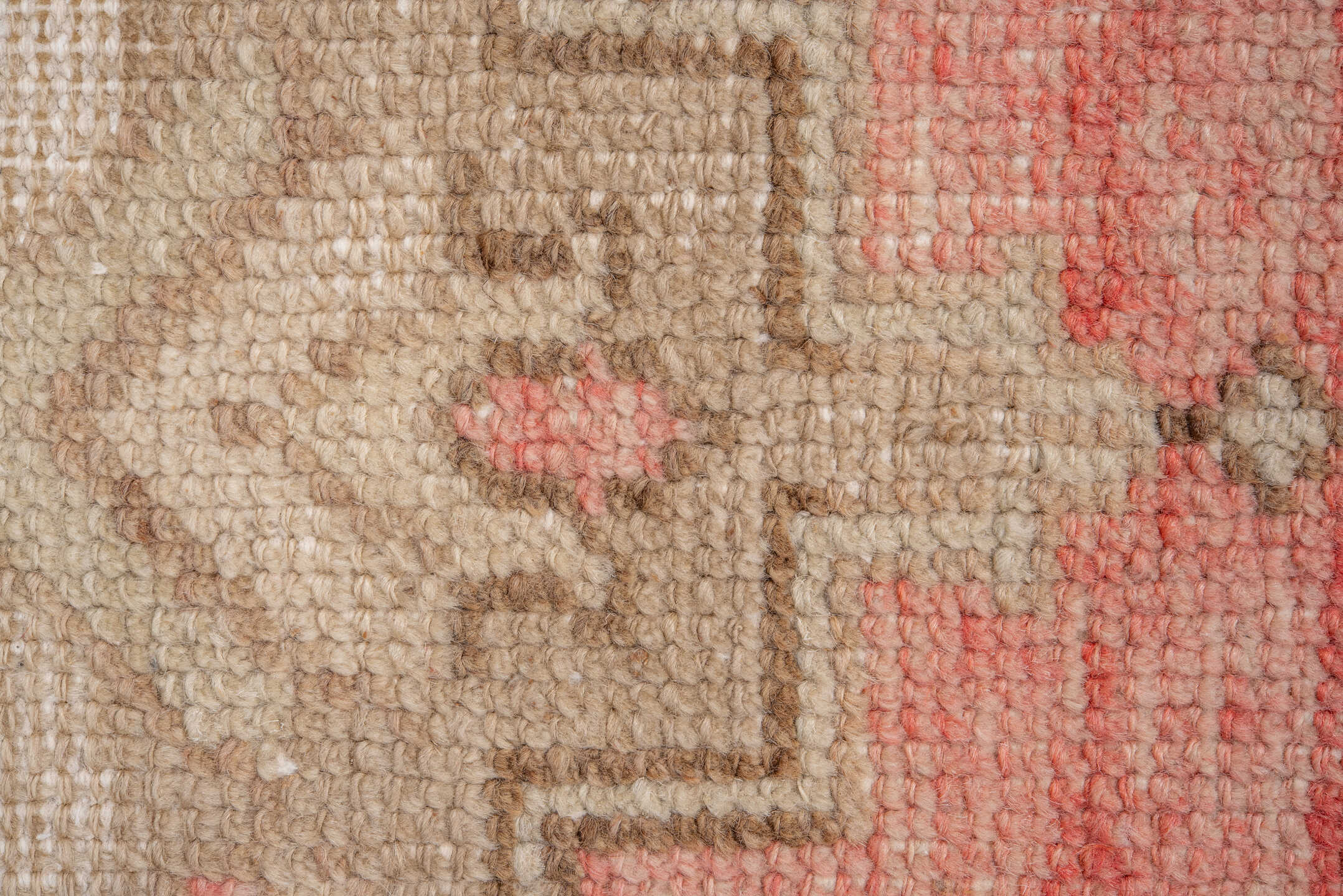 5' x 8' one-of-a-kind handmade vintage Oushak medium size rug. Color palette: coral, ivory, taupe, beige, blush, camel, gold